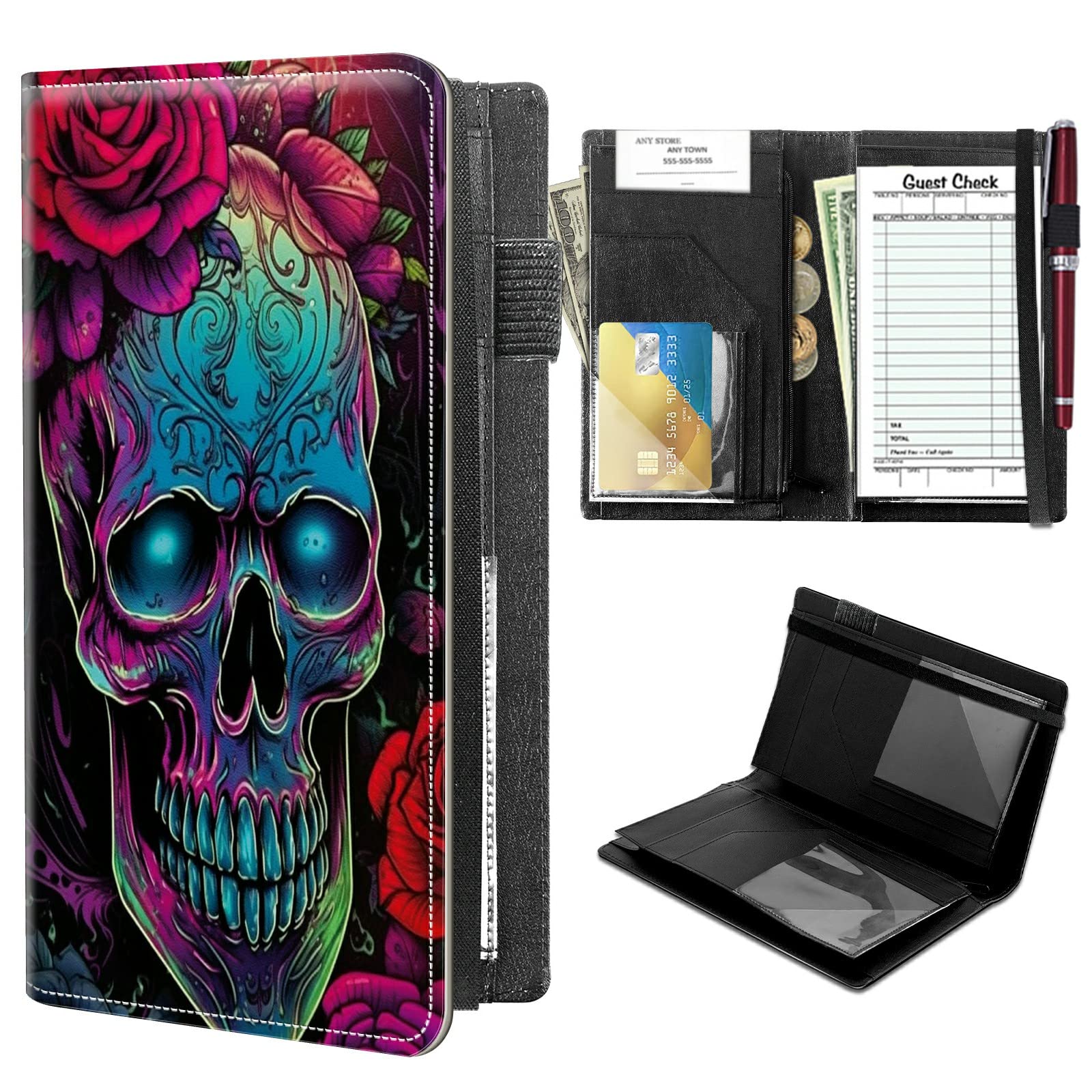 High Volume Server Books, Neon Skull Flower Server Book w/ 2 Expandable Pockets 9 x 5 Cute Waitress Book Zipper Pocket & Strap Closure Waitstaff Organizer Server Booklet Waiter Money Wallet