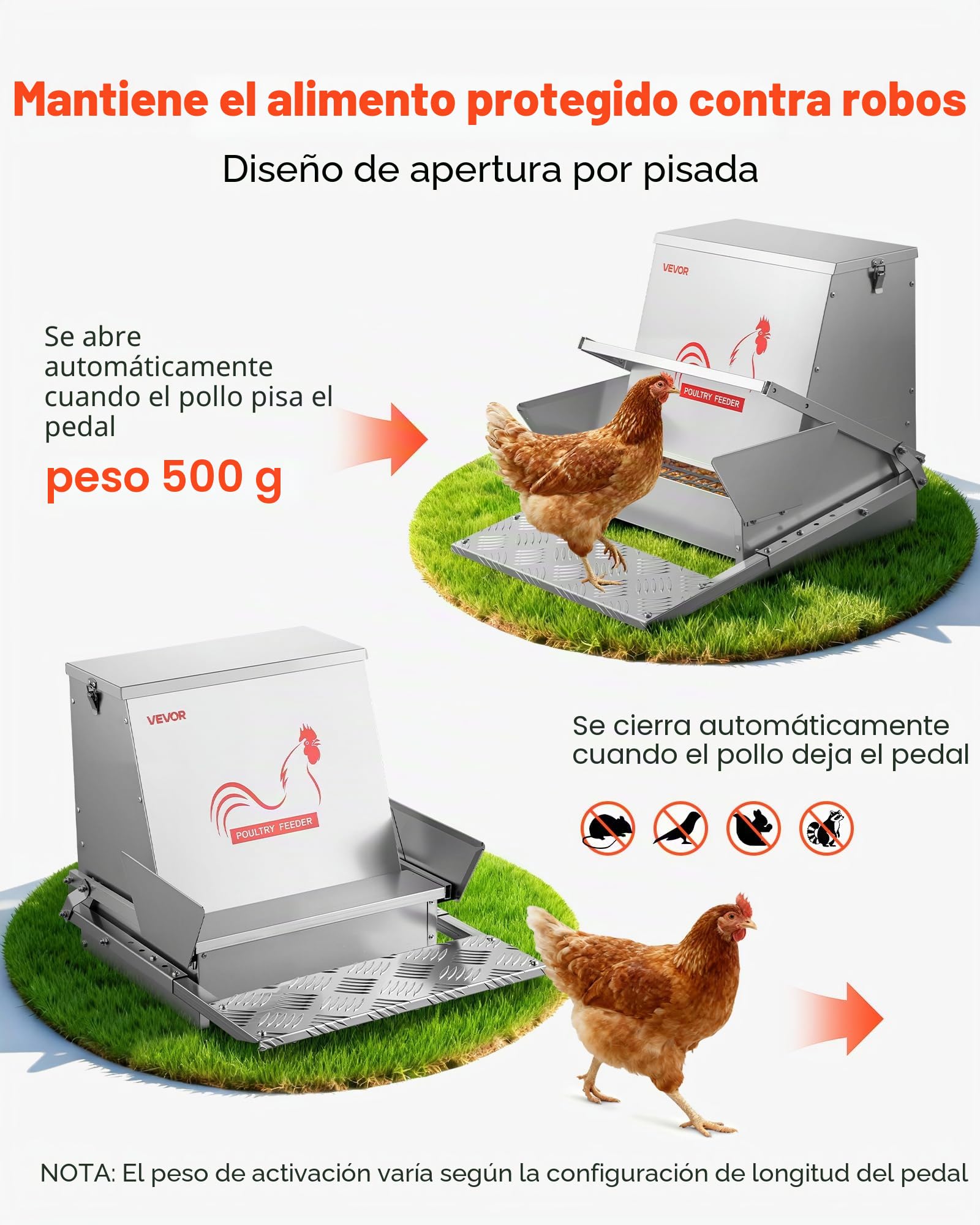 VEVOR Comedero automático, capacidad de 18 kg, resistente a la lluvia, con pedal y tapa con cerradura, Sin desperdicio, acero galvanizado, para pollos, gallinas enanas, aves de corral y faisanes
