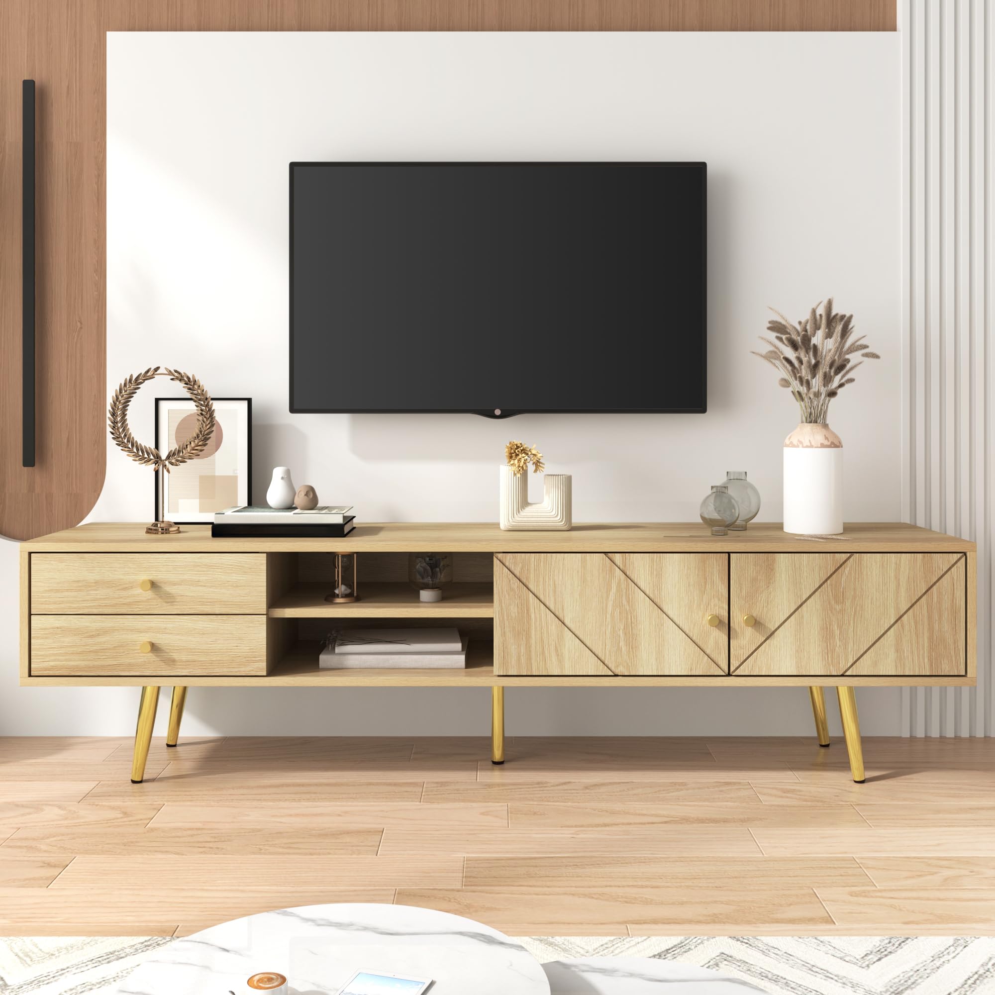 BTM Meuble TV 160 cm avec Pieds dorés - Meuble TV Moderne avec 2 tiroirs et 2 Portes - Durable - Grand Espace de Rangement, Bois - 160x36x42 cm