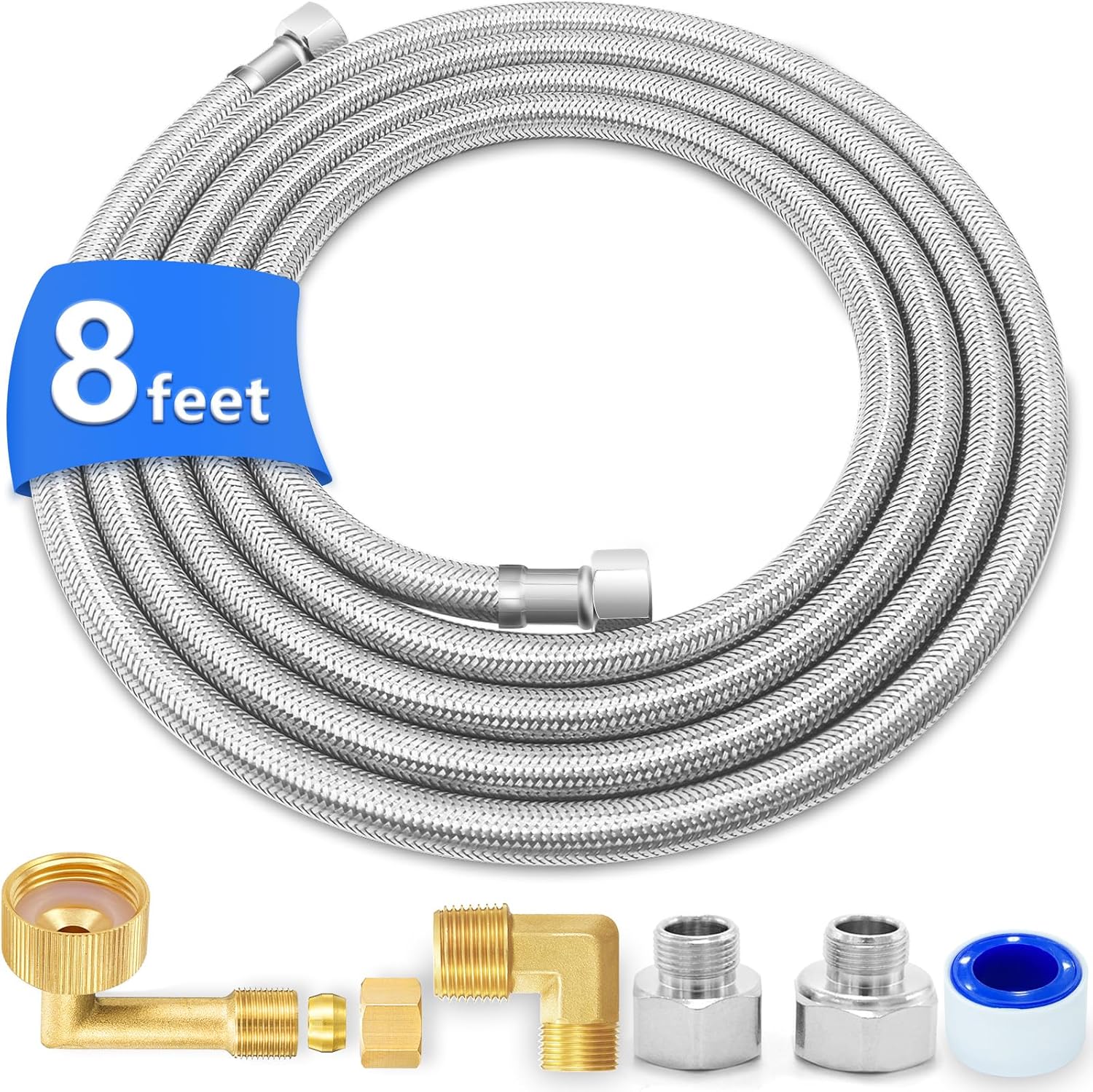 Dishwasher Installation Kit – 8 FT Stainless Steel Dishwasher Hose with 3/8″ Compression Connections,Food Grade PEX Inner Tube Dishwasher Water Supply Line with Elbows,Adapters Dishwasher Installation Kit – 8 FT Stainless Steel Dishwasher Hose with 3/8″ Compression Connections,Food Grade PEX Inner Tube Dishwasher Water Supply Line with Elbows,Adapters