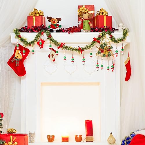 Miniatura 6 de Eartim Xmas Wood Beads Craft - 121 Pcs Red Green Christmas Round Bead Rustic Farmhouse Wooden Beads with 65.6 Feet Twine Natural Wood Beads Craft