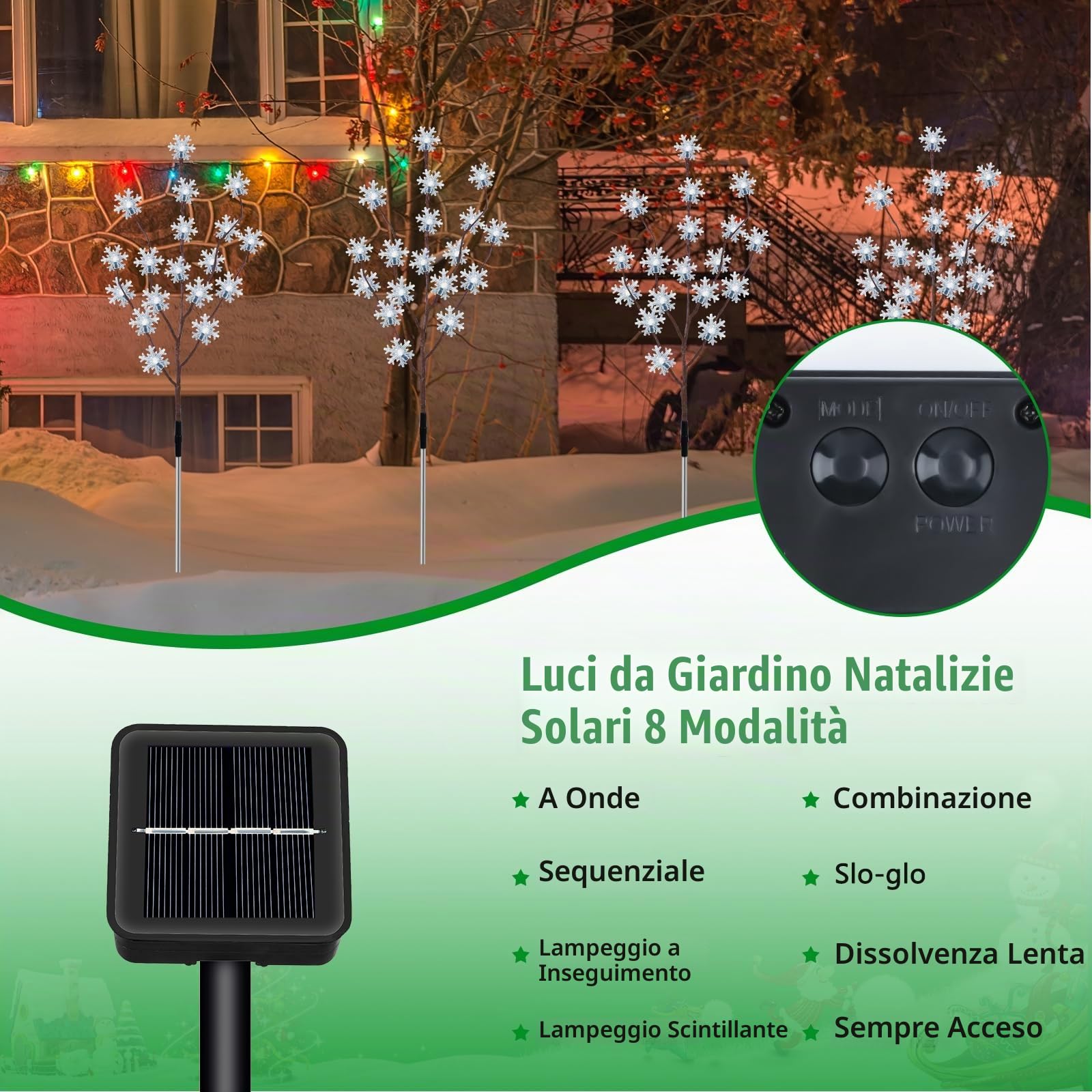 Fohil Luci solari da esterno per giardino, fiocchi di neve, rami, confezione da 4, 80 LED, luci da percorso natalizie, impermeabili, 8 modalità, decorazioni da giardino