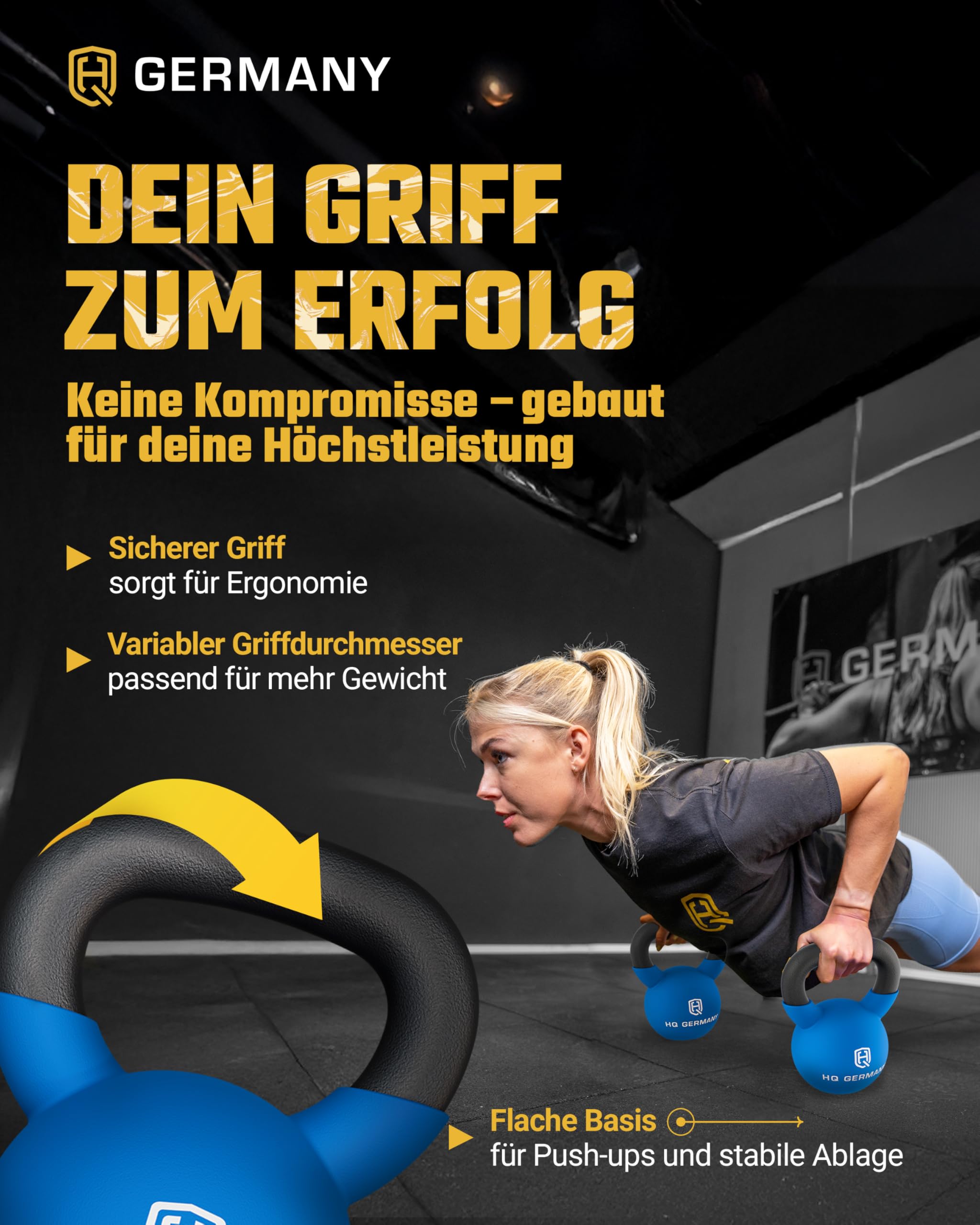 HQ Germany® Kettlebell Neopren [Bodenschutz] - Kugelhantel 2-32kg | Einteiliger Gusskern, pulverbeschichteter Griff, ±2% kalibriert, ergonomisch je Gewicht, Neoprenschicht