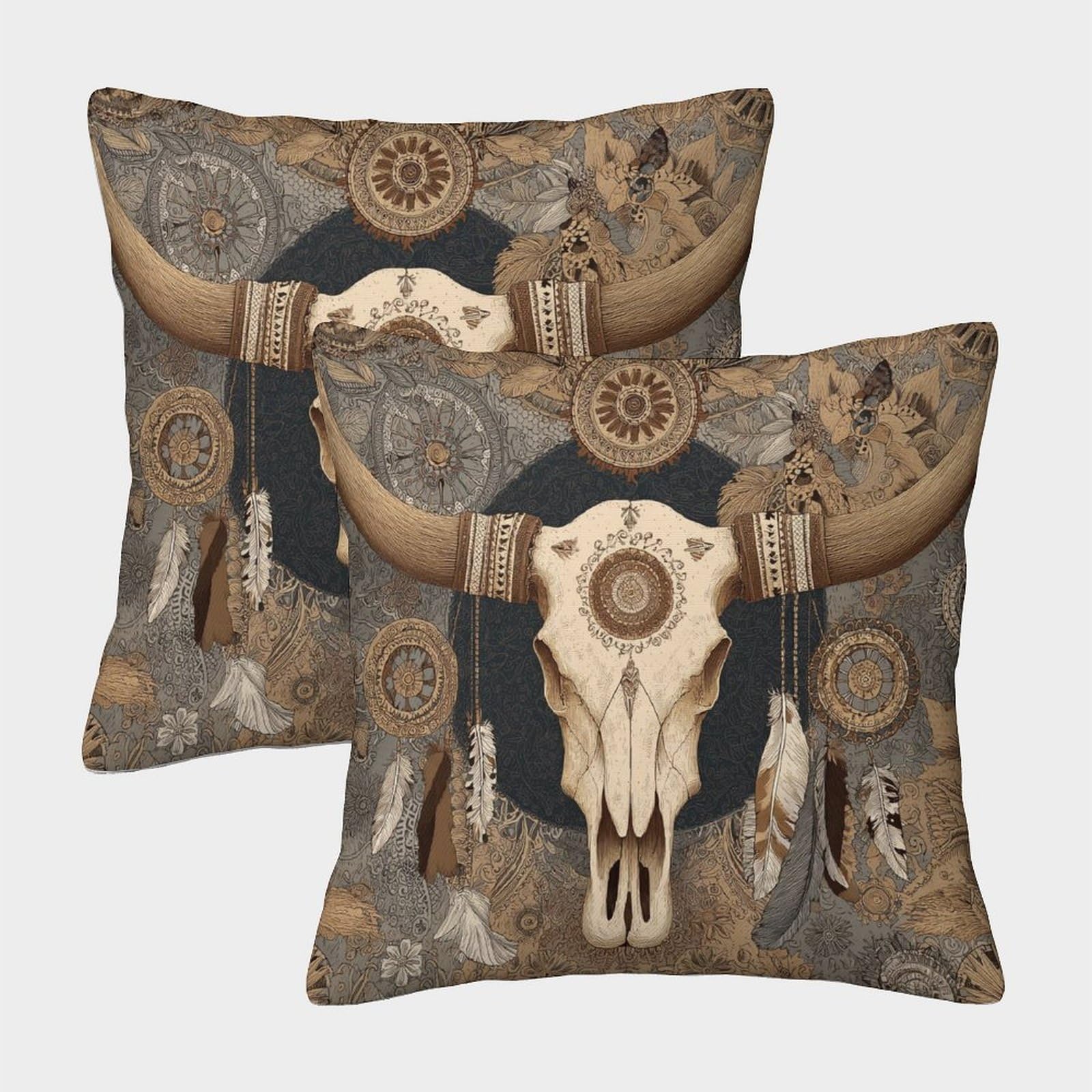 kaiyun 2 Pack Throw Pillowcase 40x40cmBull Skull, North American Native American Patterns And Symbols Pattern Cushion Cover Home Decoration