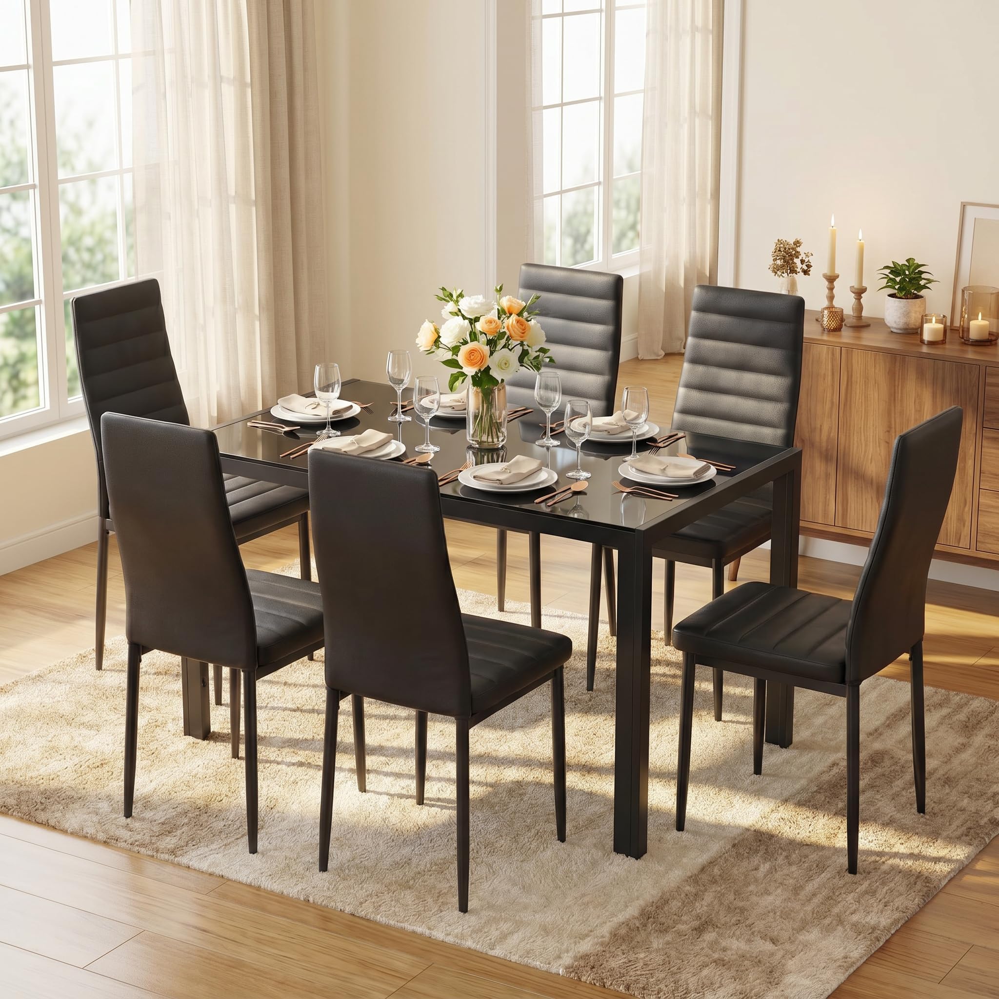 Gizoon Black 7 Piece Glass Dining Table Set, Kitchen Table and Chairs Set | PU Leather Modern Dining Room Furniture,Dining Table Sets,Space Saving Table and Chairs Set for Home, Kitchen, Living Room