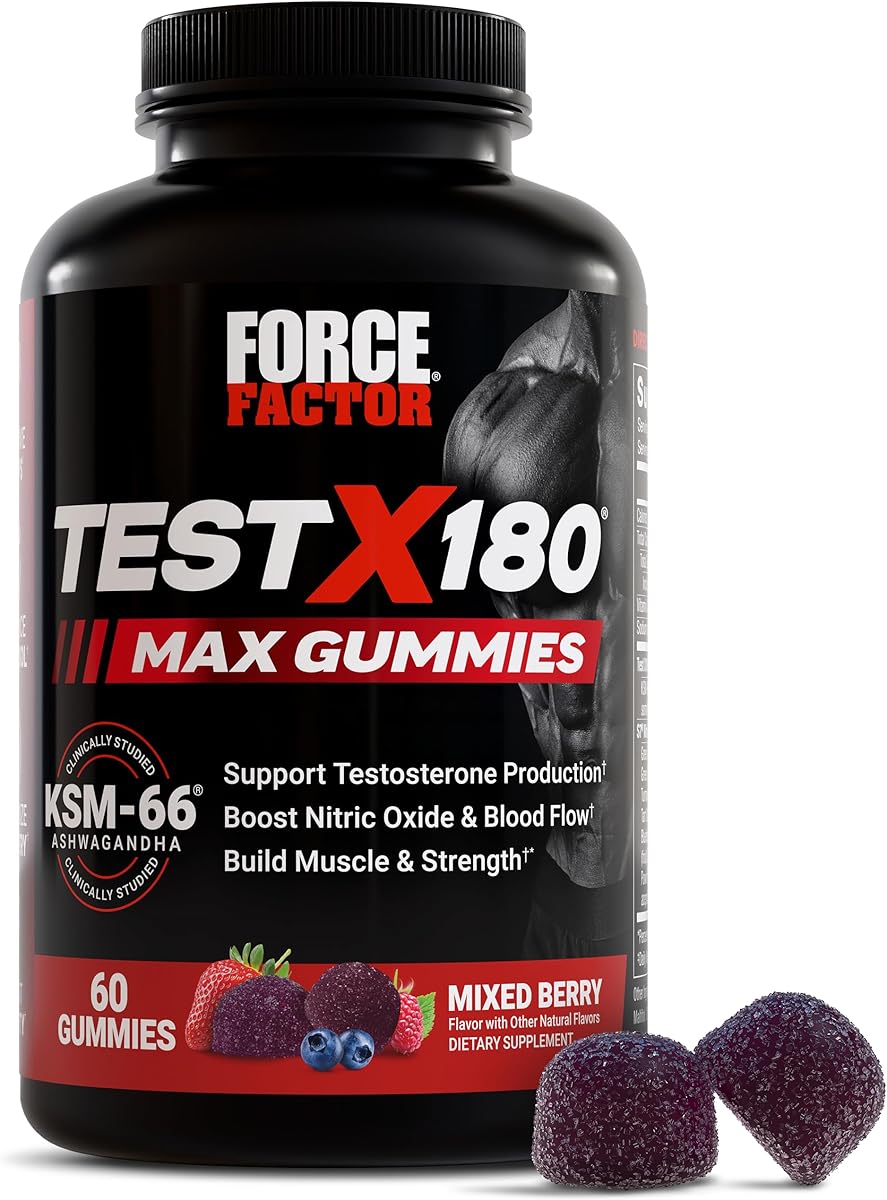 Force Factor Test X180 Max Gummies, Testosterone Booster Supplement for Men, with KSM-66 Ashwagandha to Support T Levels, Strength & Vitality, Mixed Berry, 60 Gummies