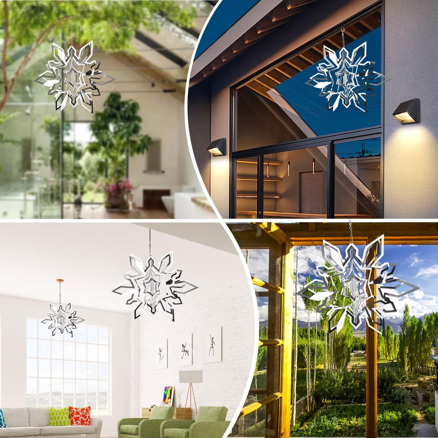 Hanging Wind Spinner Outdoor Metal Decorations, Silver Wind Spinners for Yard and Garden, 3D Mirror Stainless Steel Wind Sculptur Chime Indoor Outdoor Garden Decoration Worth Gift (Snowflake)