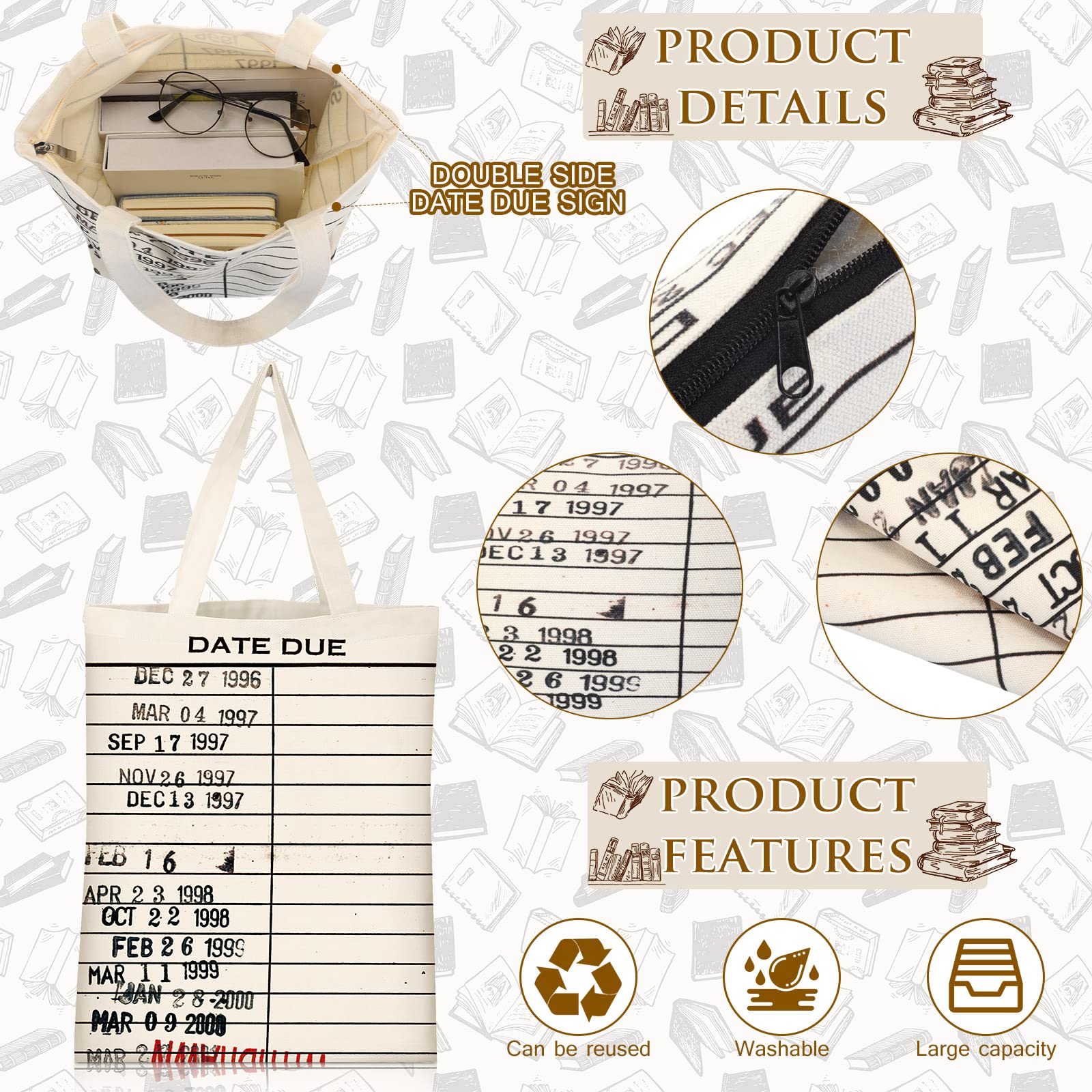 Coume 2 Pcs Library Due Date Tote Bag and Cosmetic Bag Book Lovers Gifts for Women Friends Librarian Book Club Reading Lovers