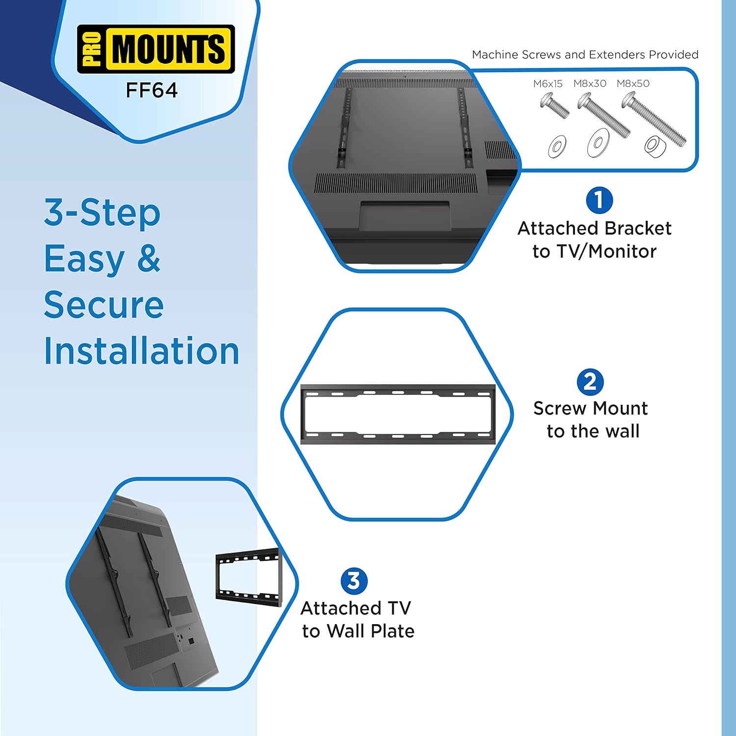 ProMounts Fixed TV Wall Mount, Low Profile TV Mount for Most 42" to 84" Screens, TV Wall Mount Bracket Max VESA 600X400mm Up to 143lbs, Low Profile TV Mount