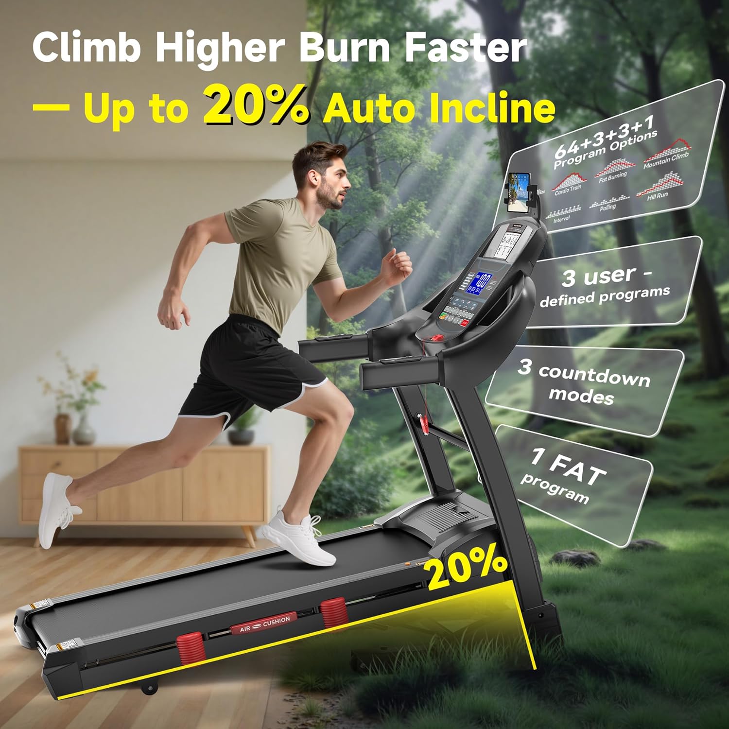 20% Incline Treadmill for Home with Fan, 400lbs Capacity Folding Treadmill, 5.0 HP Running Machine, 18’’ Wide Belt, 0.6-12MPH, APP, Space Saver Design, Brushless Fan & Knee Support