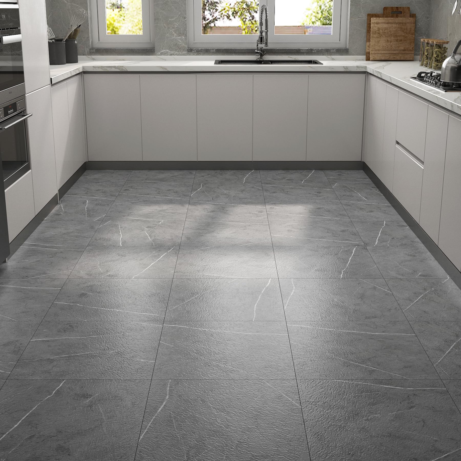 ReWallpaper Piastrelle Adesive Effetto Marmo Grigio Pavimento PVC Adesivo Bagno Impermeabile Cucina 30x30cm Linoleum per Pavimenti Adesivi Marmo Opaco Grigio Piastrelle Autoadesive 3 Pezzi