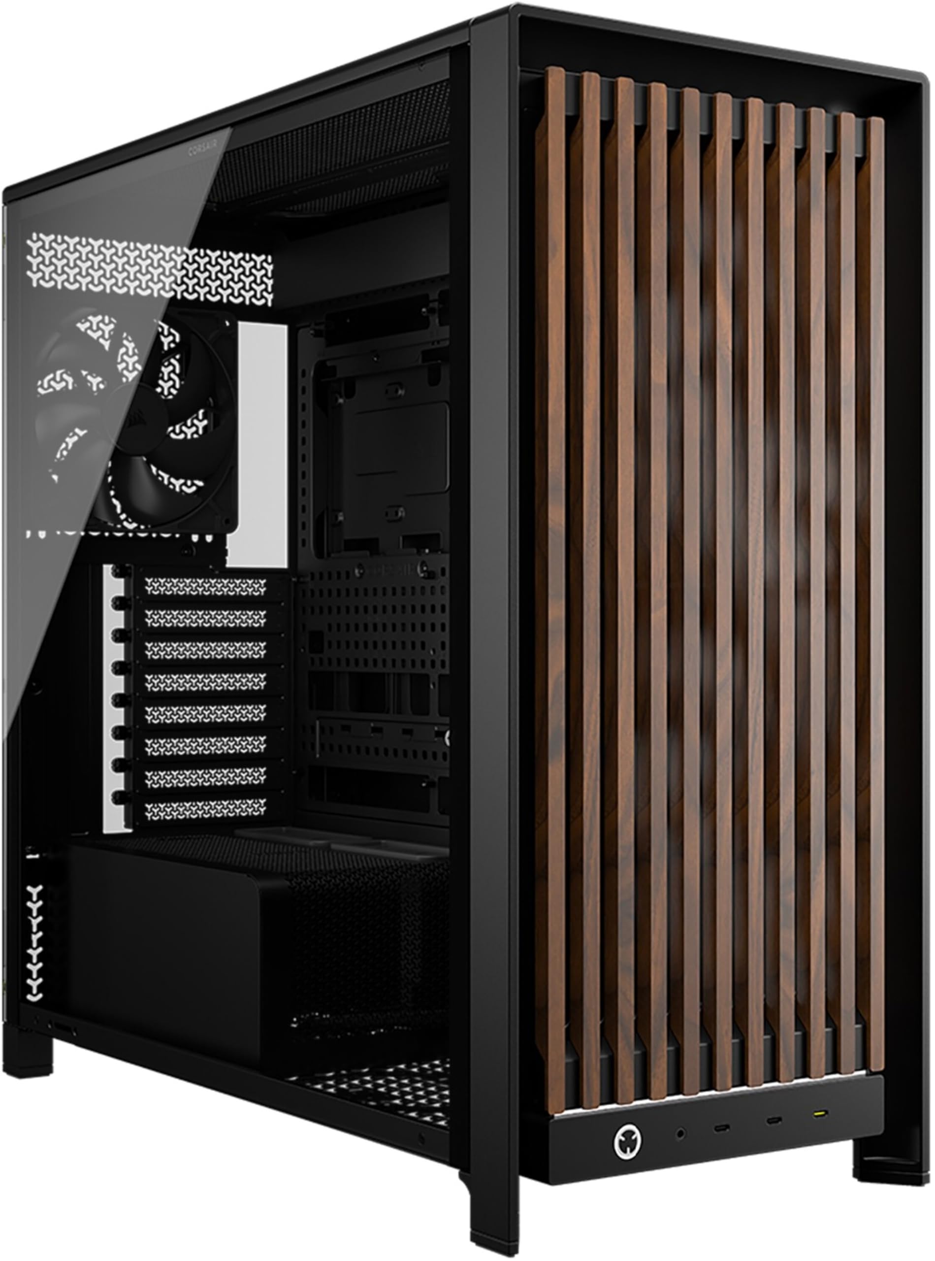 CORSAIR Frame 5000D Wood RS Caja de PC ATX de Semitorre – Negro/Nogal | Panel de Flujo de Aire de Madera Maciza, 3 Ventiladores Preinstalados, Personalización Modular, Brazo Anticaída GPU