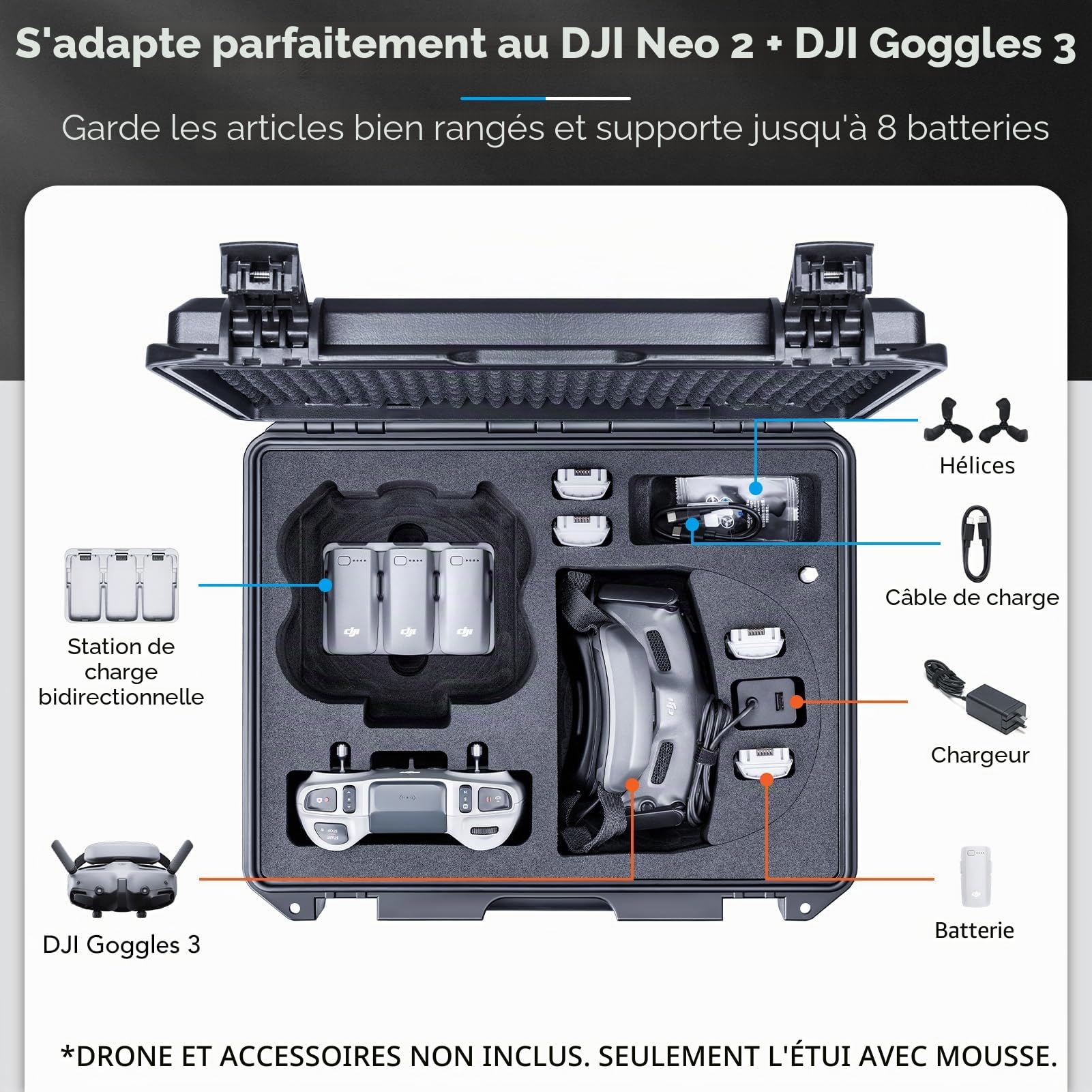Lykus Titan N210 Mallette pour DJI Neo 2 Motion Combo, Goggles N3/3, RC Motion 3, FPV Télécommande 3, Jusqu'à 8 Batteries