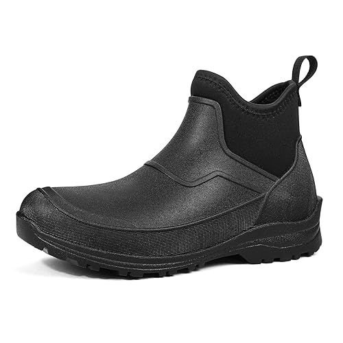 DKSUKO Men's Waterproof Neoprene Ankle Boots,Durable Insulated Rubber Slip On Water Deck Boots,Outdoor Rain Footwear,Anti-Slip Mud Shoes