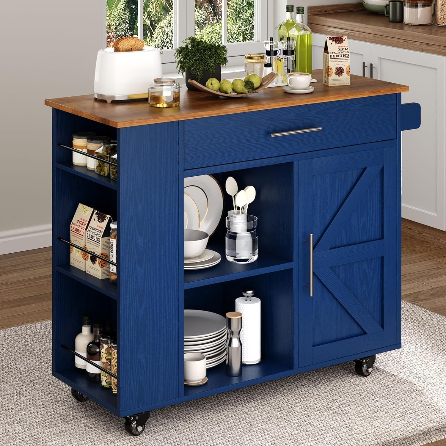 4 EVER WINNER Navy Blue Rolling Kitchen Island with Storage for Small Kitchen, 39" Farmhouse Kitchen Island Cart on Wheels with Drawer, 3-Tier Spice Rack, Open Shelves & Towel Rack for Apartment
