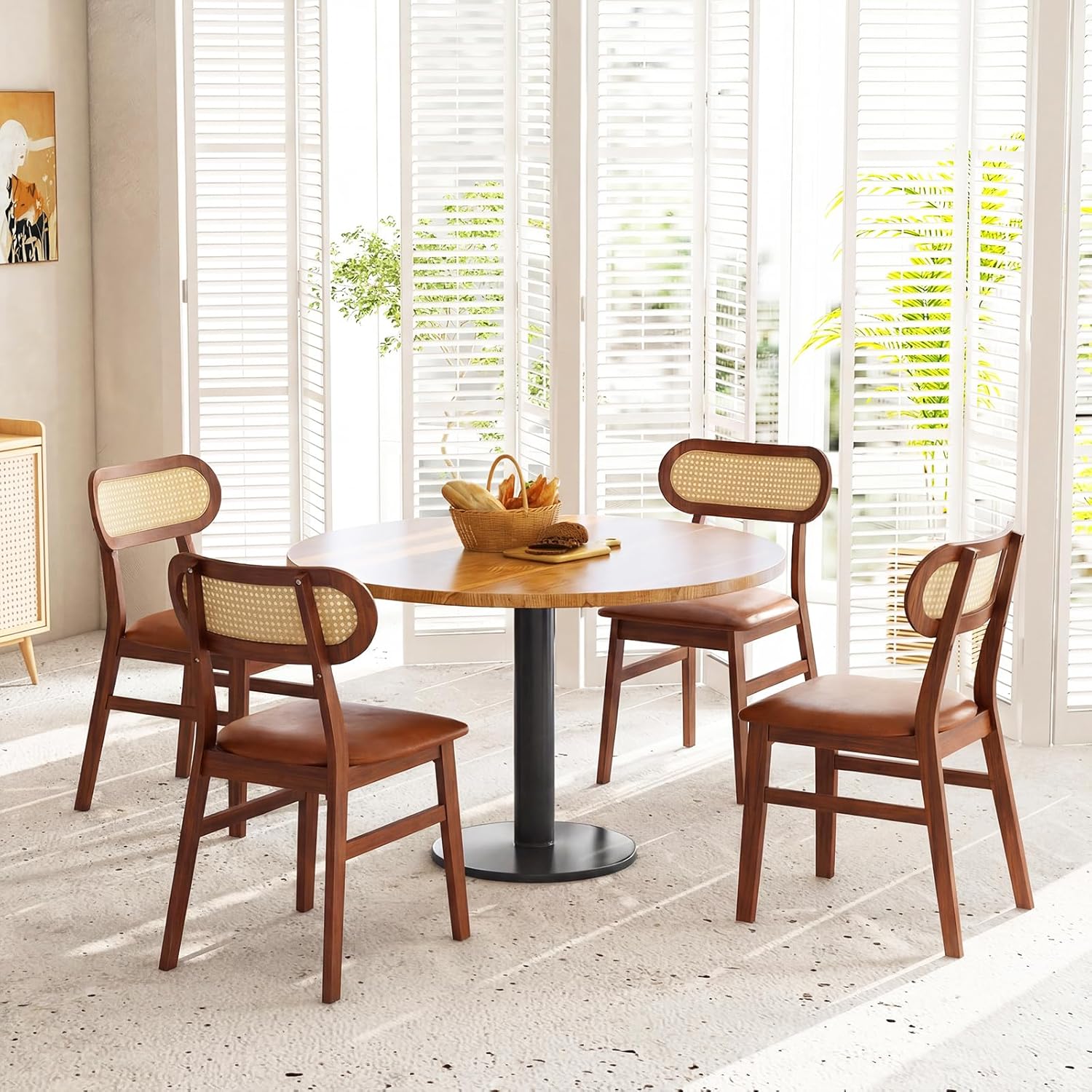 GOFLAME Wooden Dining Chairs Set of 4, Mid-Century Modern Kitchen Chairs with Upholstered Seat & Rattan Backrest, Faux Leather Cover, Armless Side Chairs for Kitchen, Dining Room, Restaurant, Espresso