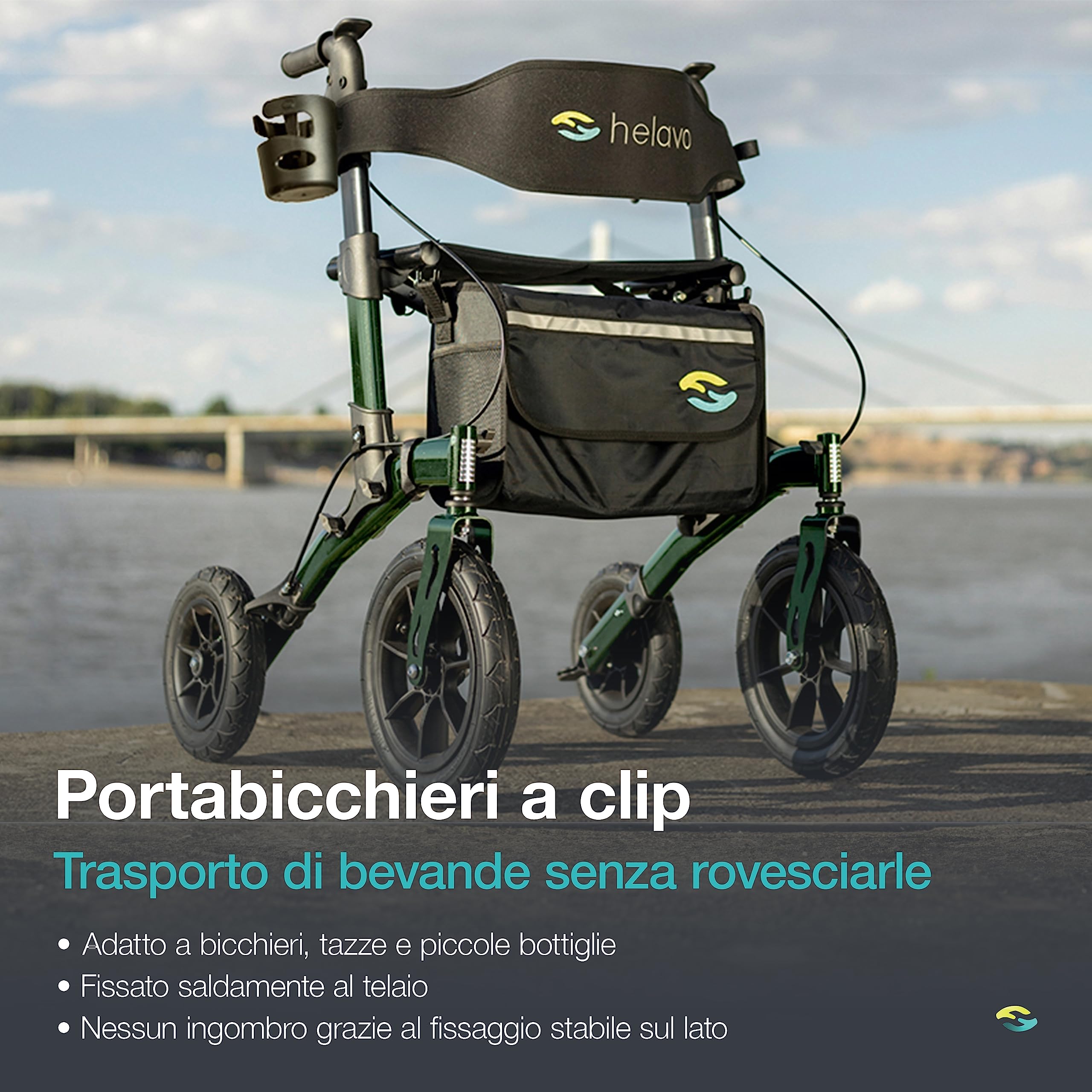 Helavo deambulatore per anziani 4 ruote pieghevole con seduta - Rollator da esterno con ruote pneumatiche 12"/10", altezza regolabile, sedile comodo, leggero, ammortizzato - 136 kg max