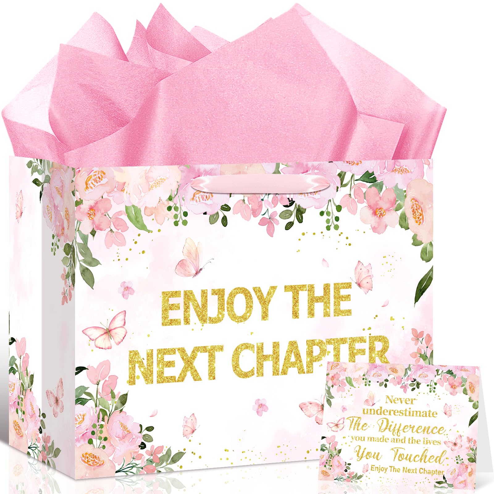 1PC Pink Retirement Gift Bag for Women, 11.8'' Enjoy the Next Chapter Gift Bag with Tissue Papers and Card, Pink Floral Retirement Gift Wrapping Paper Bag for Farewell Going Away Party Supplies