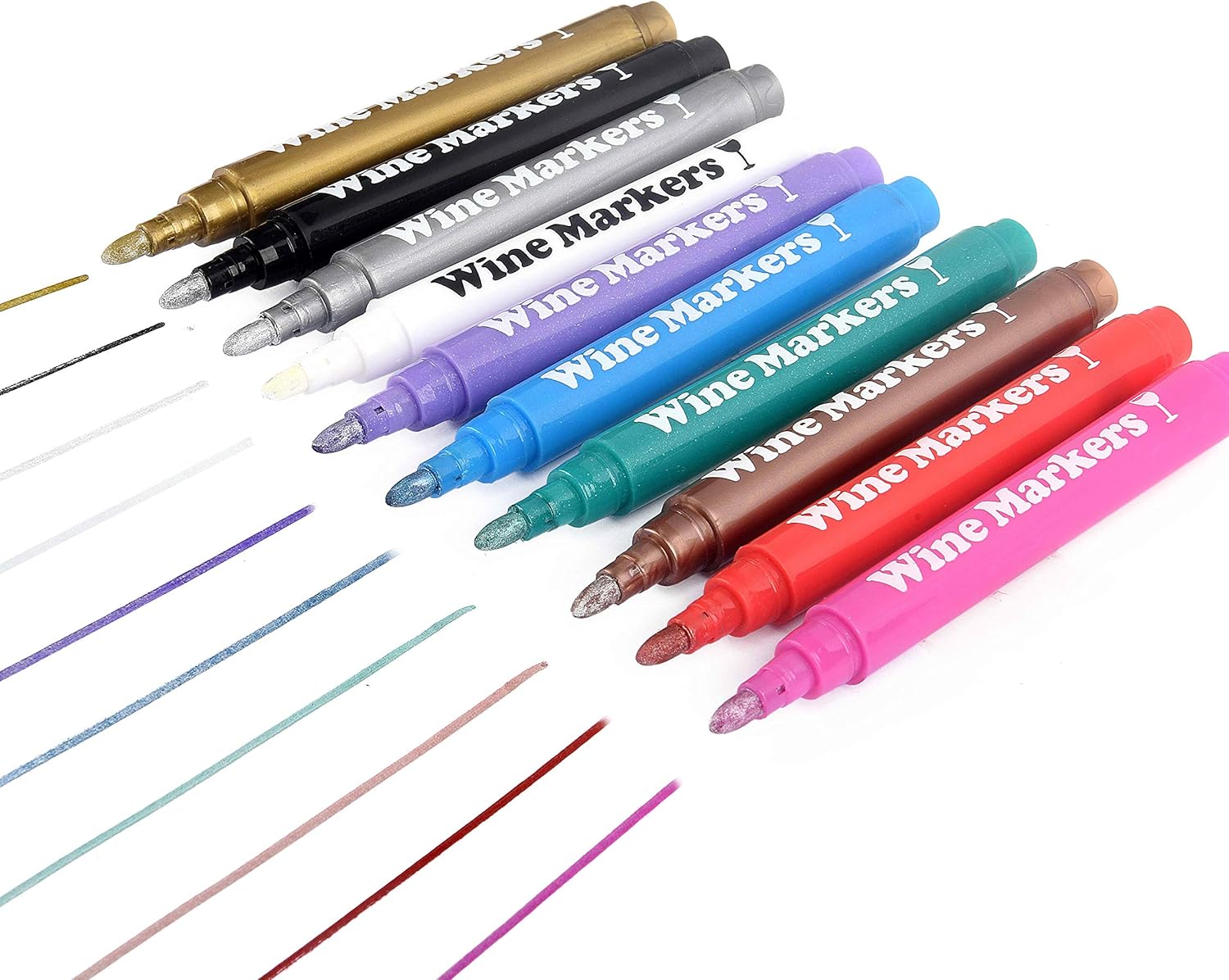 🛒 Flash Sale Wine Glass Markers, Pack of 10 By Vaci + Stencils + Glass Lables, Metallic Color Pens Drink Markers, Personalize your Drink, Washable Wine Accessories Gift