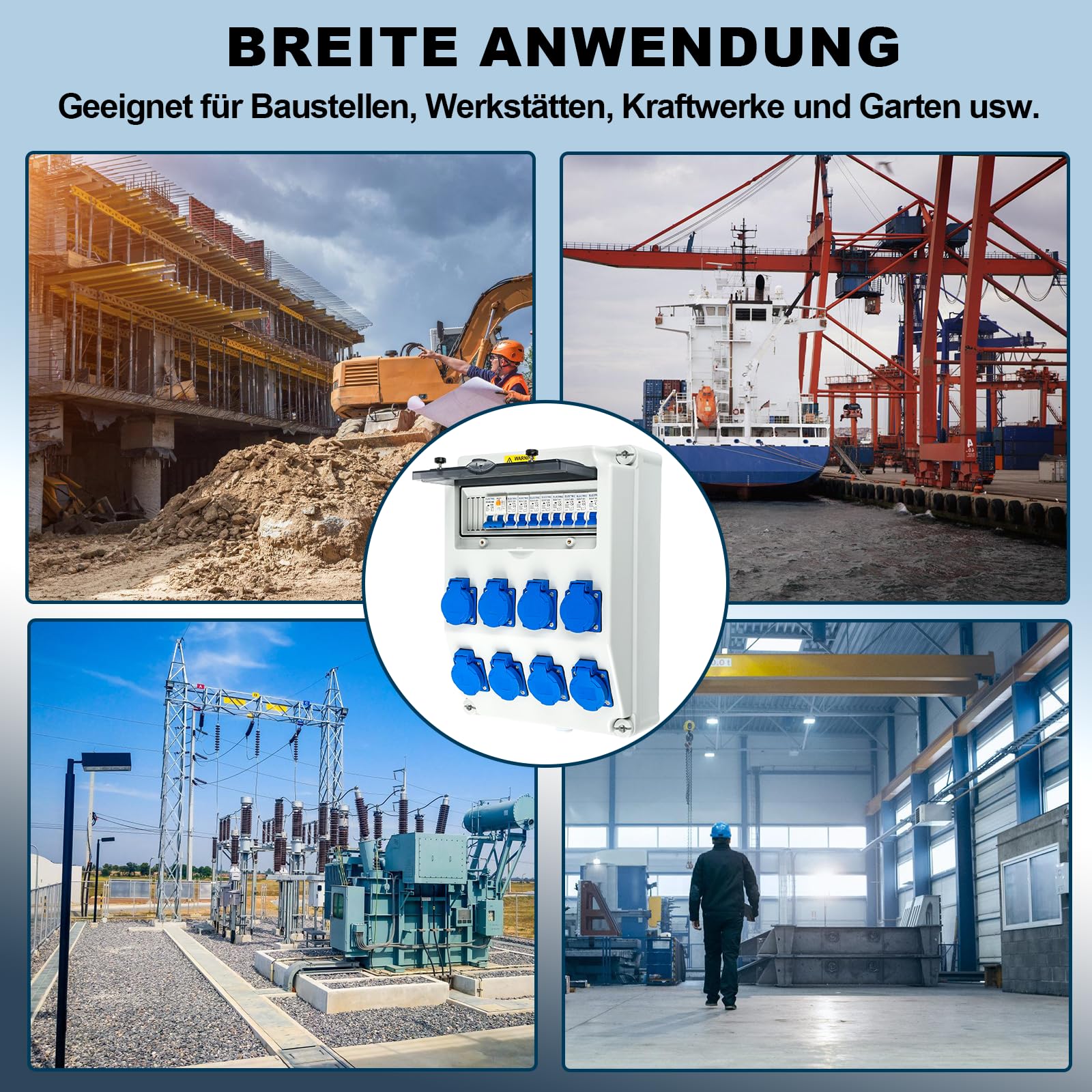 TEOV Baustromverteiler mit LS+FI, Wandverteiler 8x 230V Schuko Steckdosen, IP65/IP44 Wasserdicht Vorverkabelt Stromverteiler, Robuster Verteiler für Innen und Außen Baustelle Werkstätten Fabriken