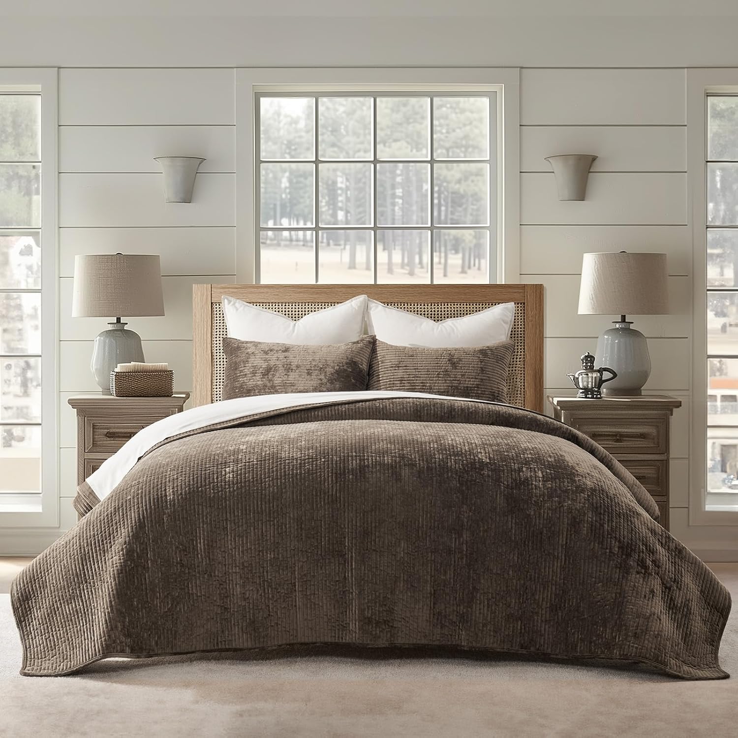 EVERGRACE Velvet Quilt Set King Size, Luxurious Soft Quilted Bedding Sets, Lightweight Velvet Comforter for All Season, Striped Channel Bedspread Coverlet with 2 Shams, Mushroom Brown - Image 6