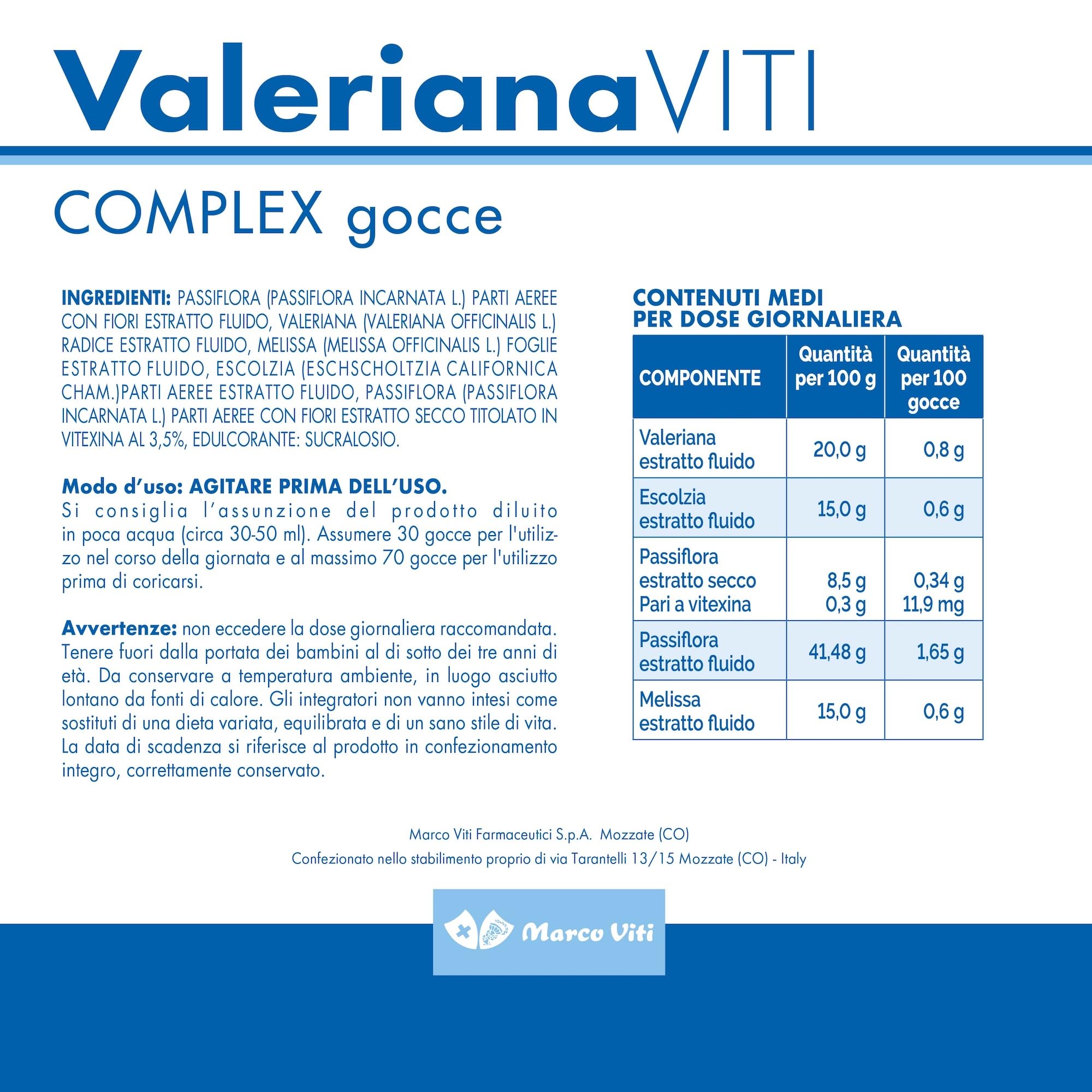 Valeriana Viti - Complex Gocce, 30 ml, Integratore, Proprietà Calmanti e Rilassanti, con Escolzia e Melissa, Favorisce il Sonno, Senza Glutine