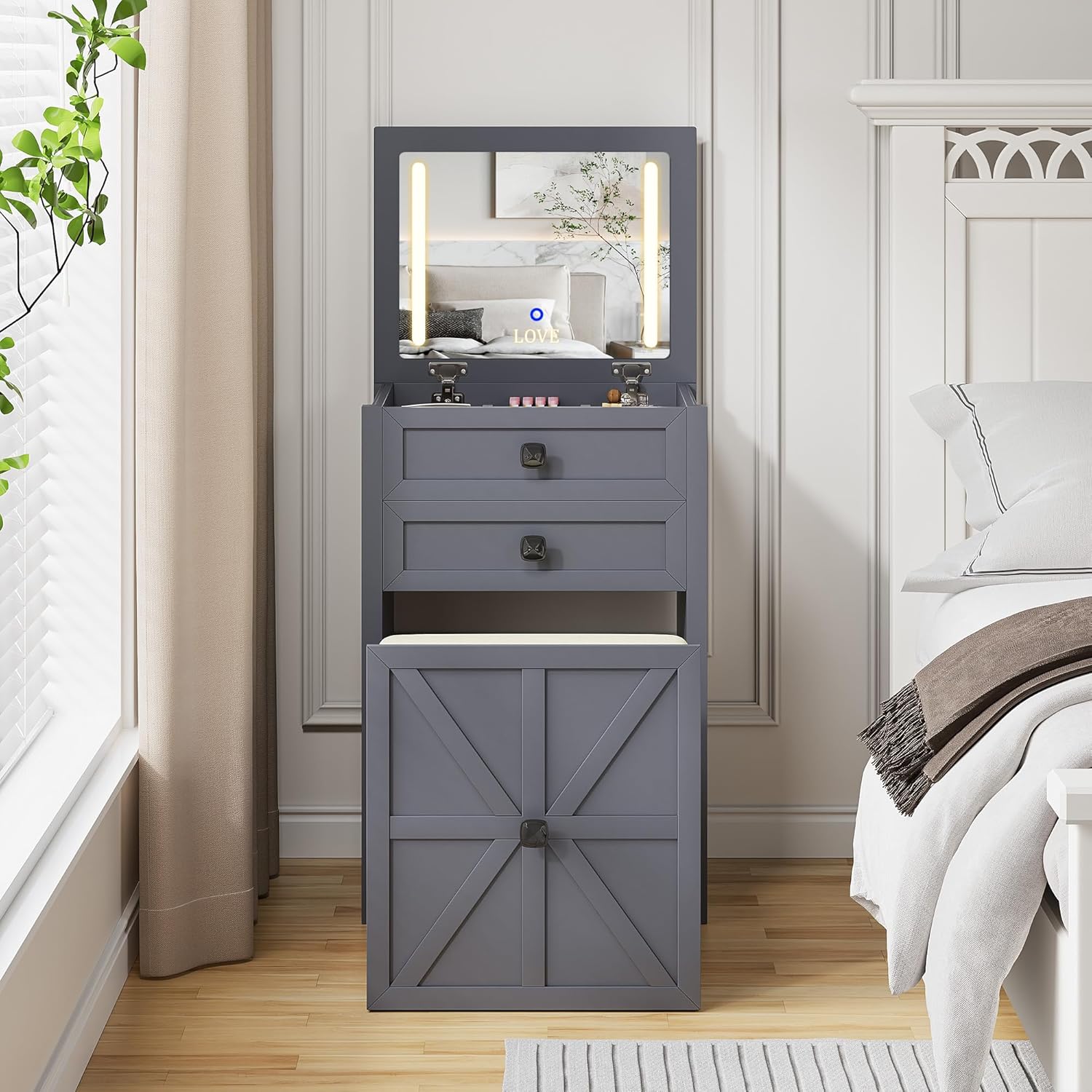 TAGELIER Compact Farmhouse Vanity with Hidden Chair – Small Makeup Desk with 2 Drawers, Organizers & Lighted Mirror for Small Spaces & Bedrooms