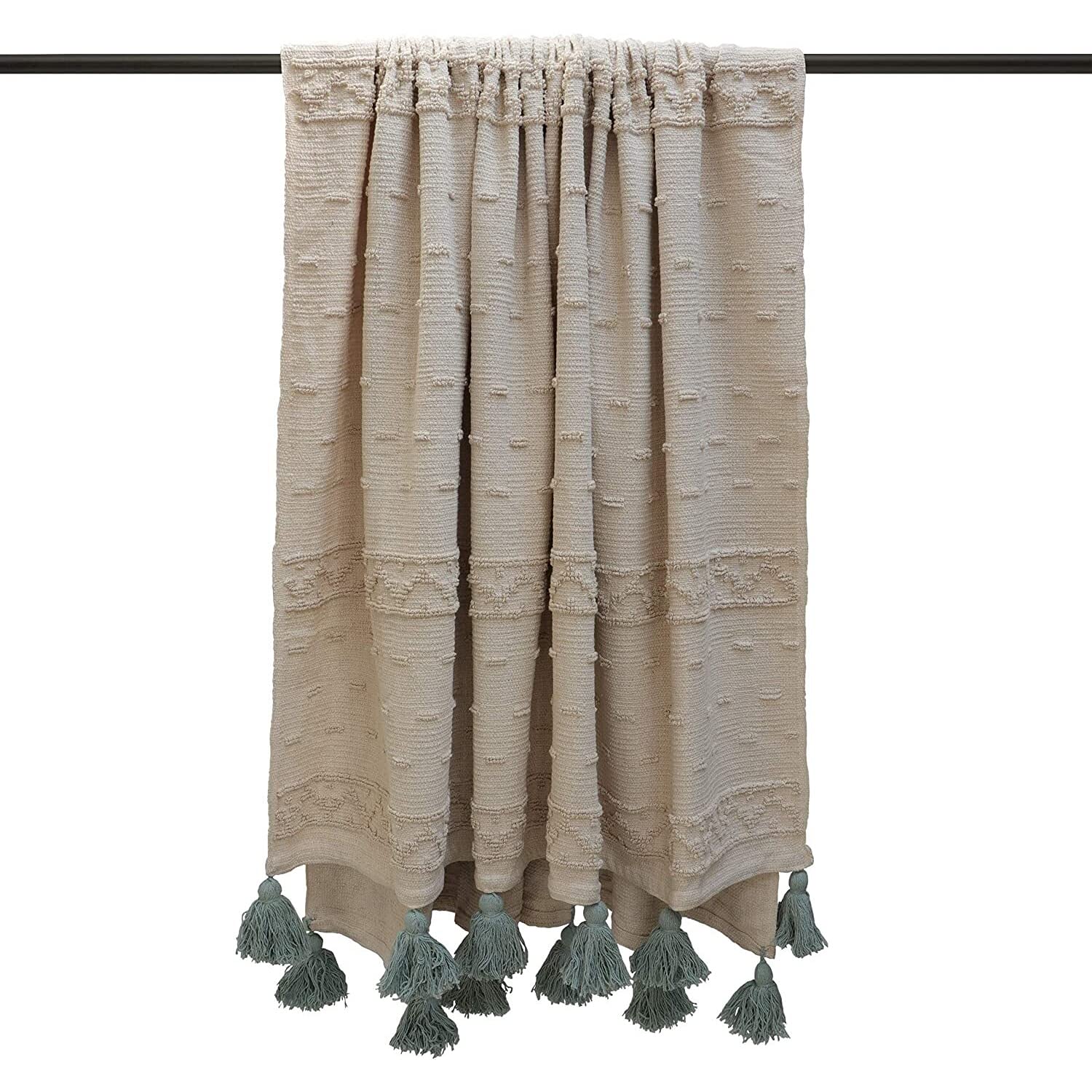 furn. Boho Cotton Tufted Throw – Geometric Pom-Pom Tassel Accent (Seafoam – 130x180cm)