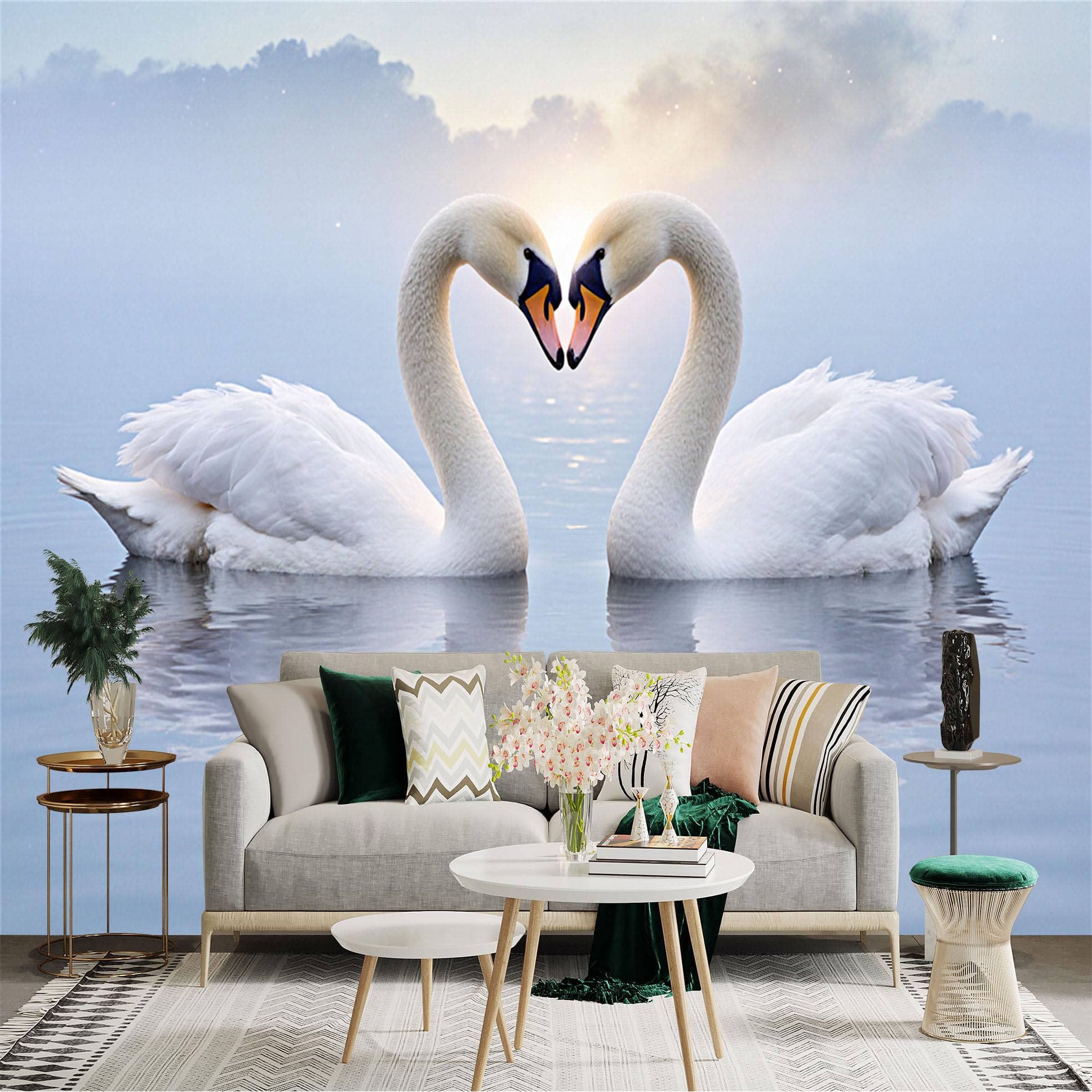 Custom Size Wall Sticker Mural， Two Swans Forming Heart on Serene Lake with Mist and Sunrise， for wall Decoration， peelandstick wall Decals.