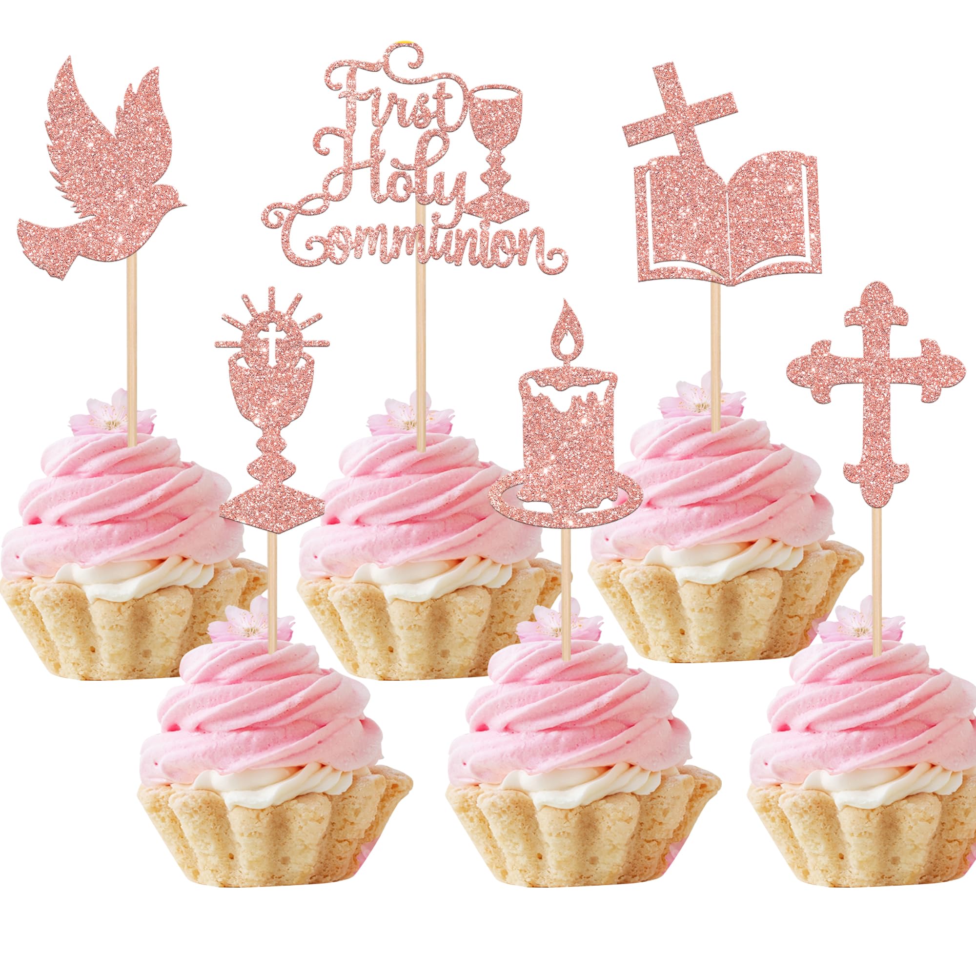 36 PCS First Holy Communion Cupcake Toppers Glitter Dove Cross God Bless Cupcake Picks Baptism Cake Decorations for First Communion Theme Baby Shower