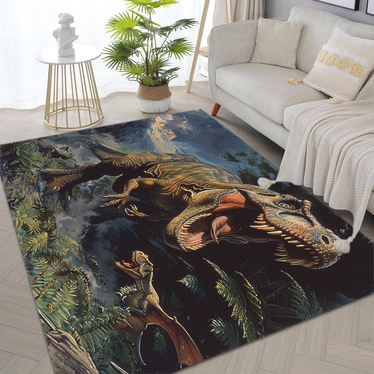 Teppich Kinderzimmer Gras-Dinosaurier 80x150cm Teppich Wohnzimmer Weich Flauschig Anti-Rutsch Teppich Maschine Waschbar für Schlafzimmer, Küchen, Flur, Esszimmer