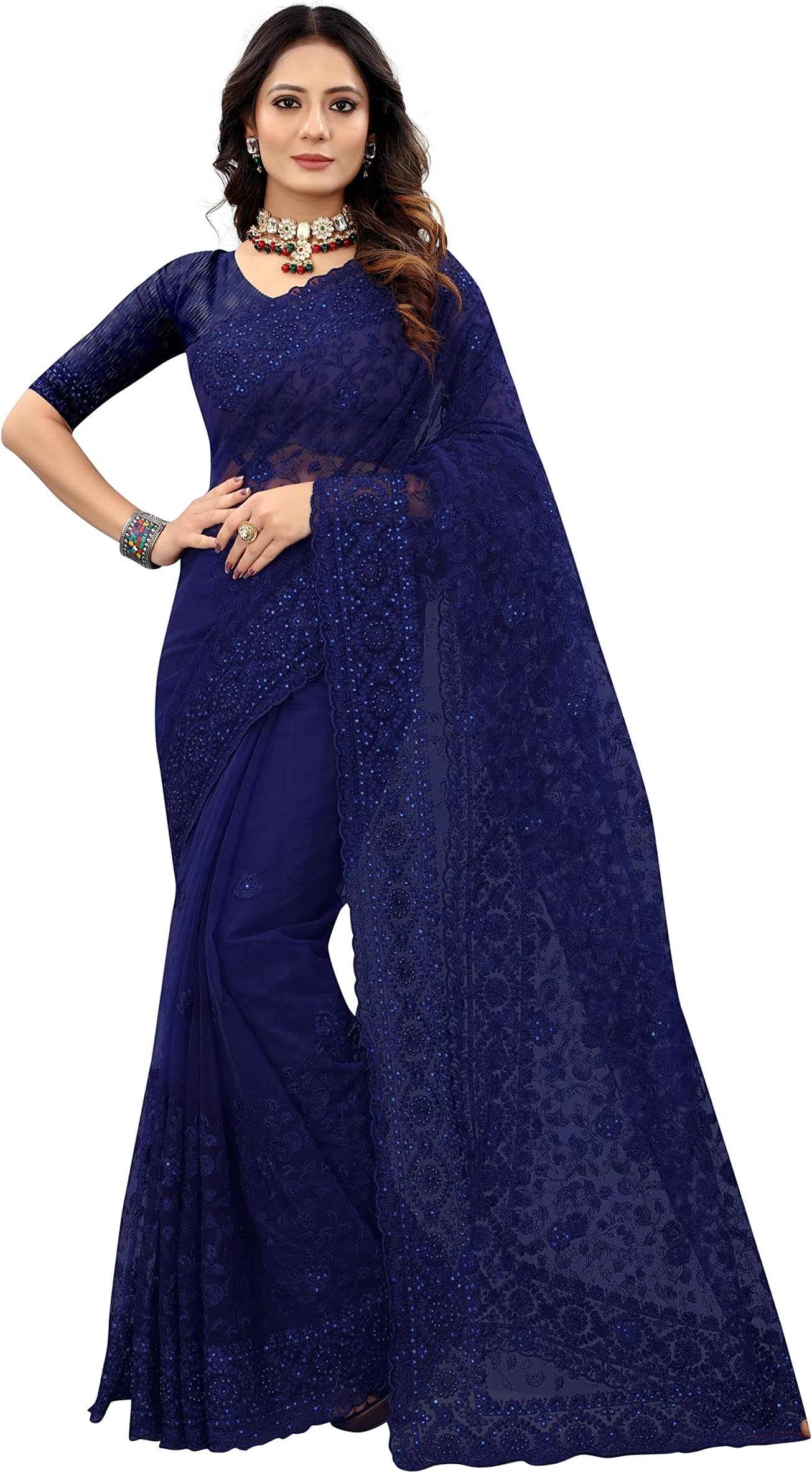 Net Saree Embroidered Stone Work Sari Unstitched Blouse
