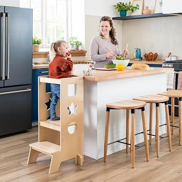 Guidecraft Jr. Classic Kitchen Helper Step-Up - Natural Montessori Toddler Tower for Kids | Adjustable Height Wooden Learning Step Stool for Bathroom and Cooking