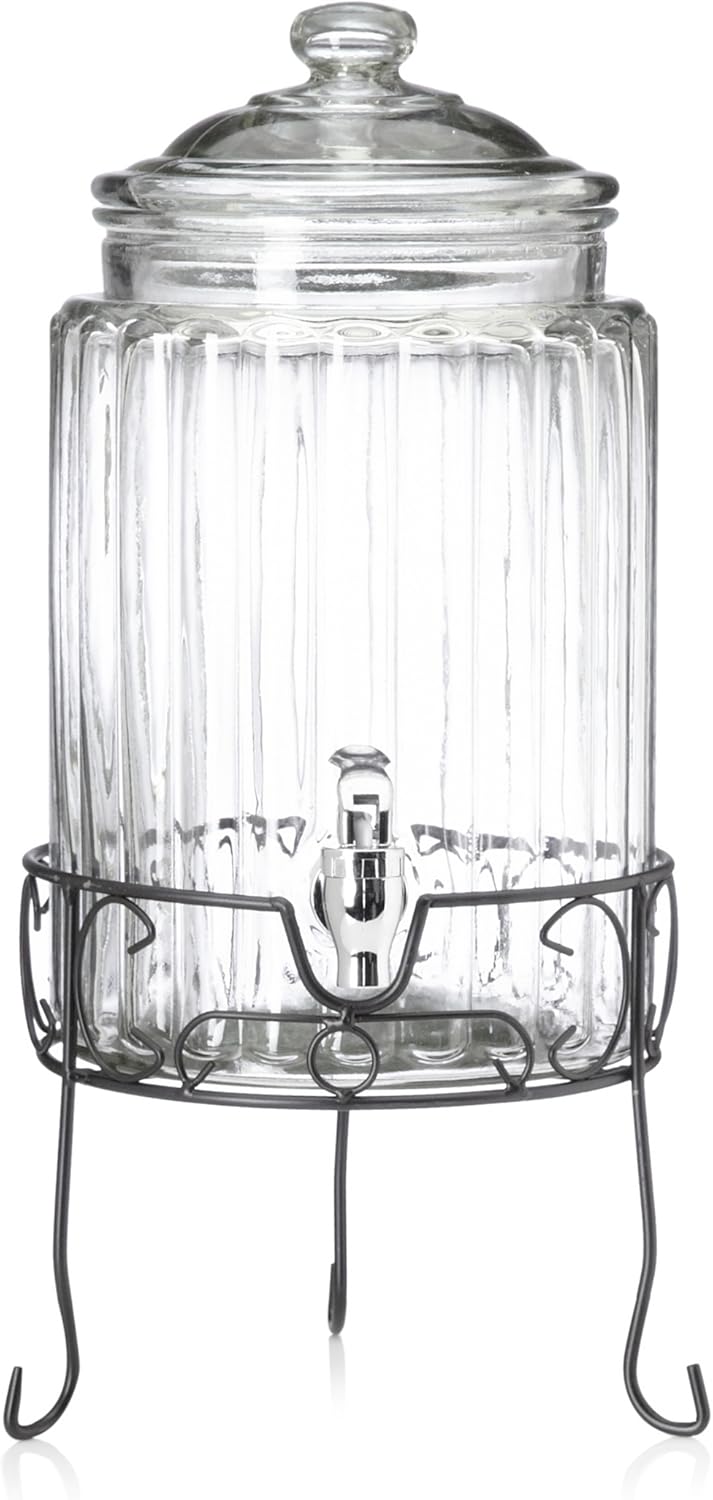 Ribbed Glass Beverage Dispenser with Stand 1.5 Gallon