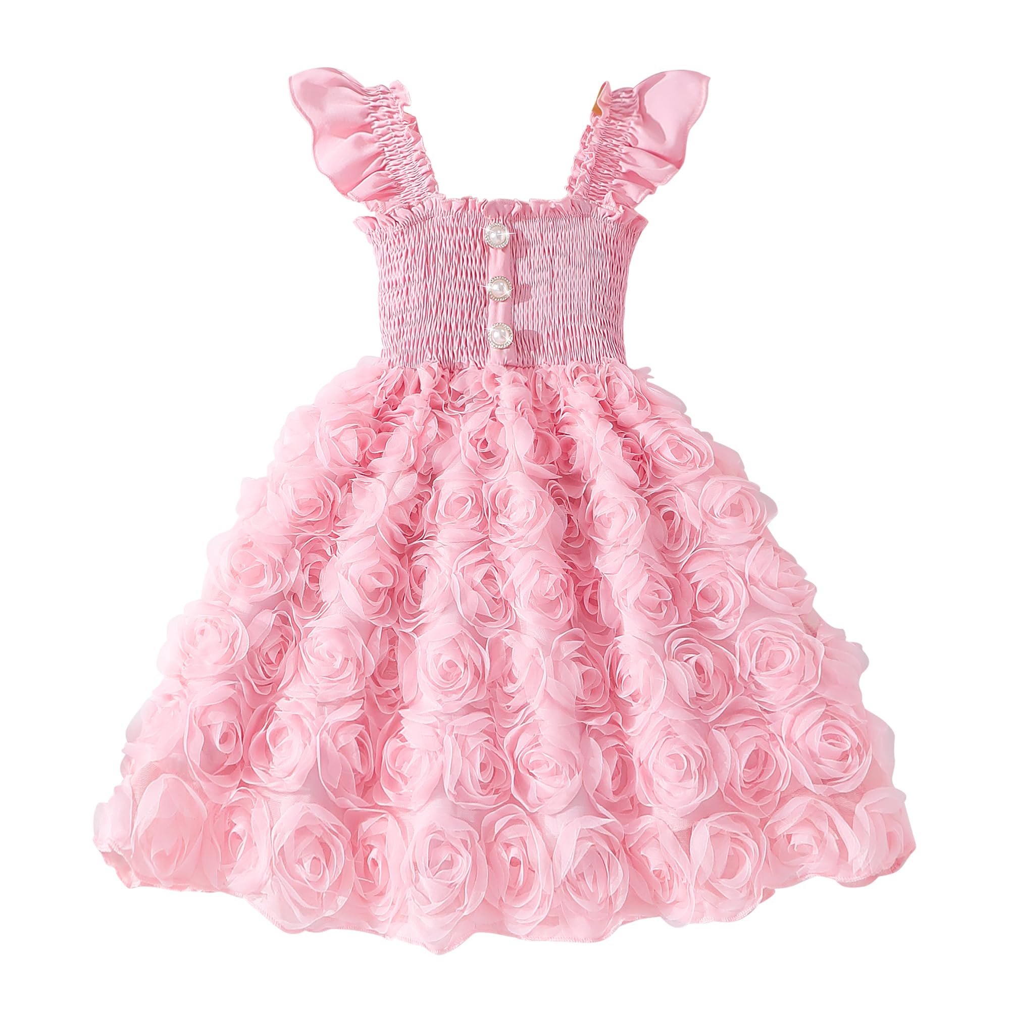 JiAmy Mädchenkleid Festlich 3D Blumen Tüllkleid Rüschen 7 Jahre, Rosa