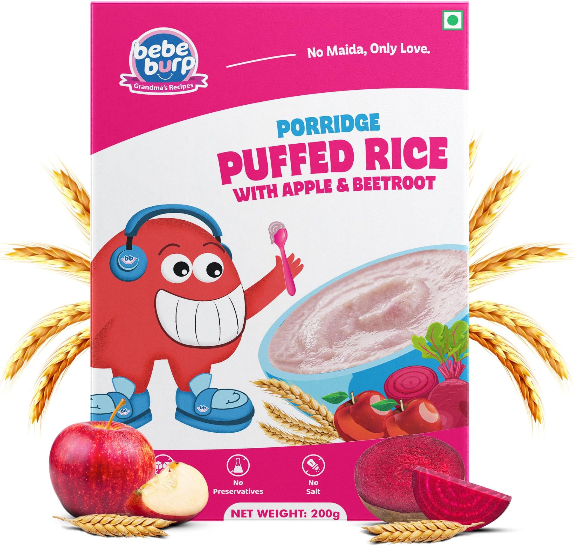 BE'BE' BURP - Cereals | Mix Porridge Puffed Rice Porridge with Apple & Beetroot | No Sugar No Salt | No Artificial Preservatives & Flavours | Real Fruits & Vegetables | 200g