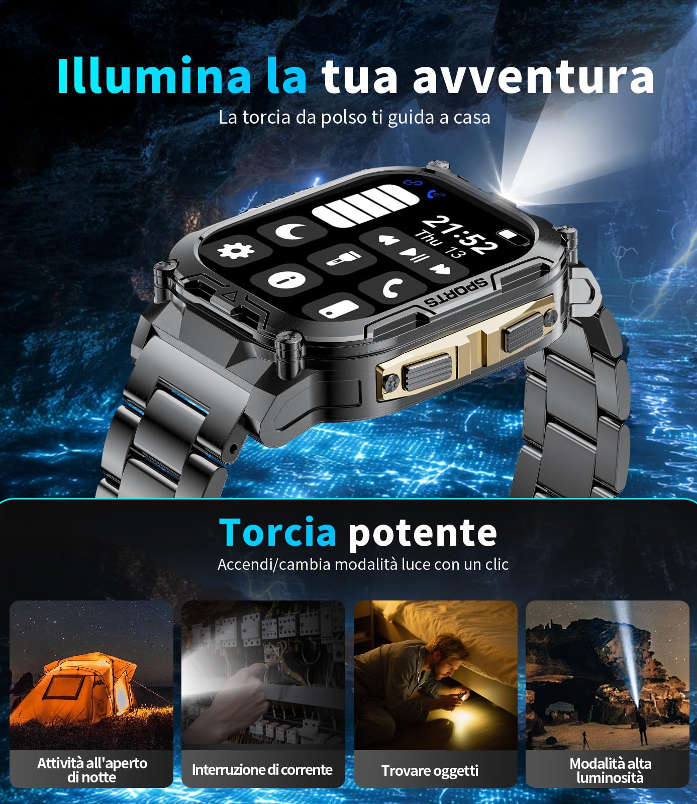 1000mAh Batteria Smartwatch Uomo Militare, 2.01'' Orologio Smart Watch con Chiamata Bluetooth, Torcia LED Orologio Fitness, 100+ Modalità Sportive, IP68 Impermeabile per Android iOS