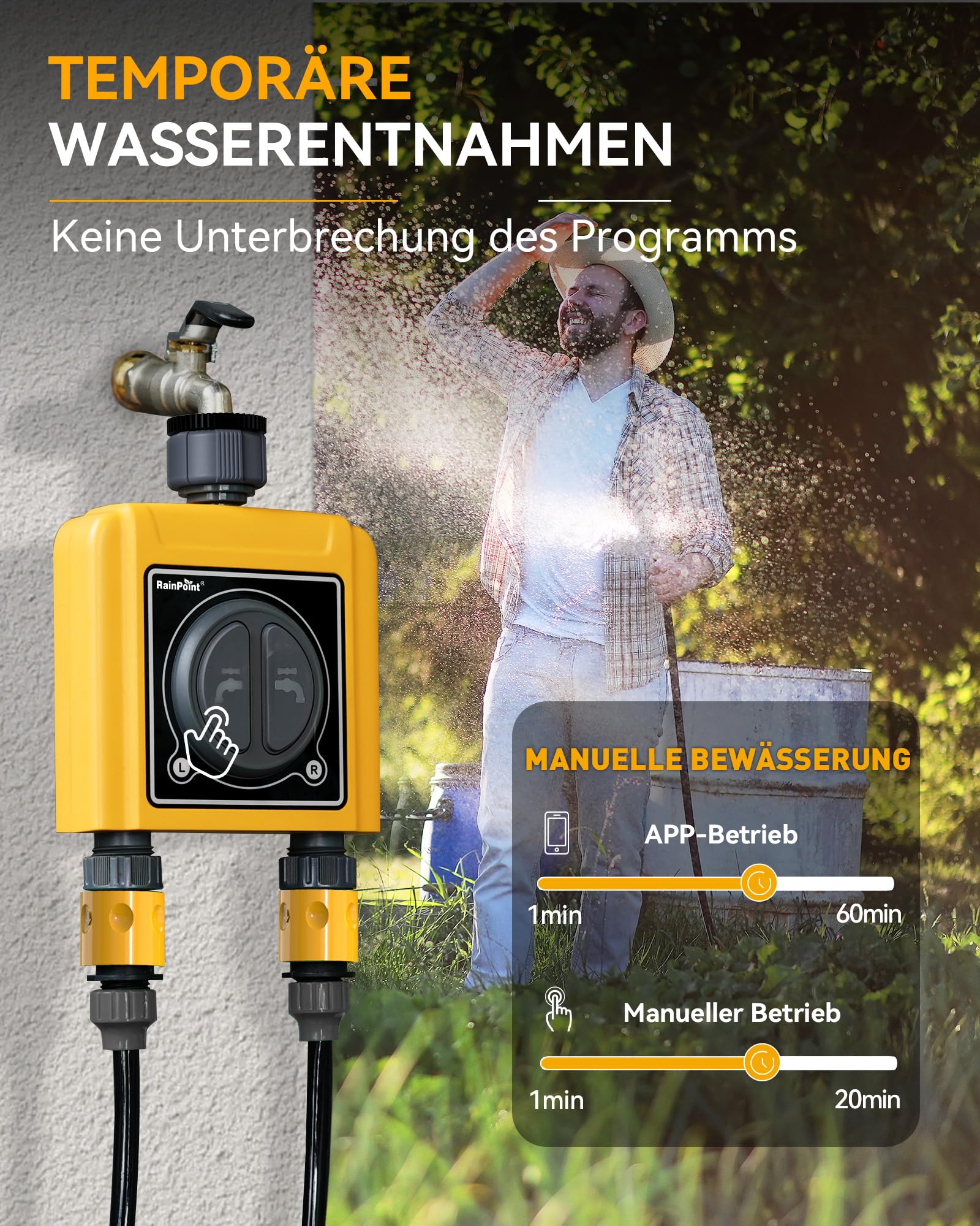 RAINPOINT Programador Riego WiFi 2 Salidas, Inteligente Temporizador Riego Automatico, App/Voz Control, Riego Basado en Clima/Humedad del Suelo, empotrar Caudalimetro Agua, para Césped Jardín