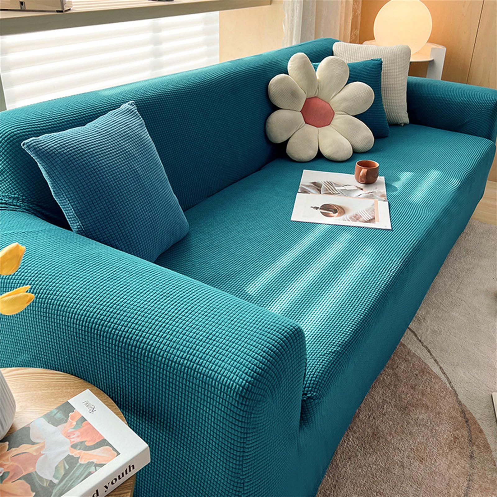 Hixingo Jacquard Anti-Slip Anti-Scratch Sofa Cover,1 2 3 4 Seater Couchcover Stretch Sofa Covers, Full Coverage Settee Protector Soft Protector for Living Room Home Decor (Aqua,1 Seater)