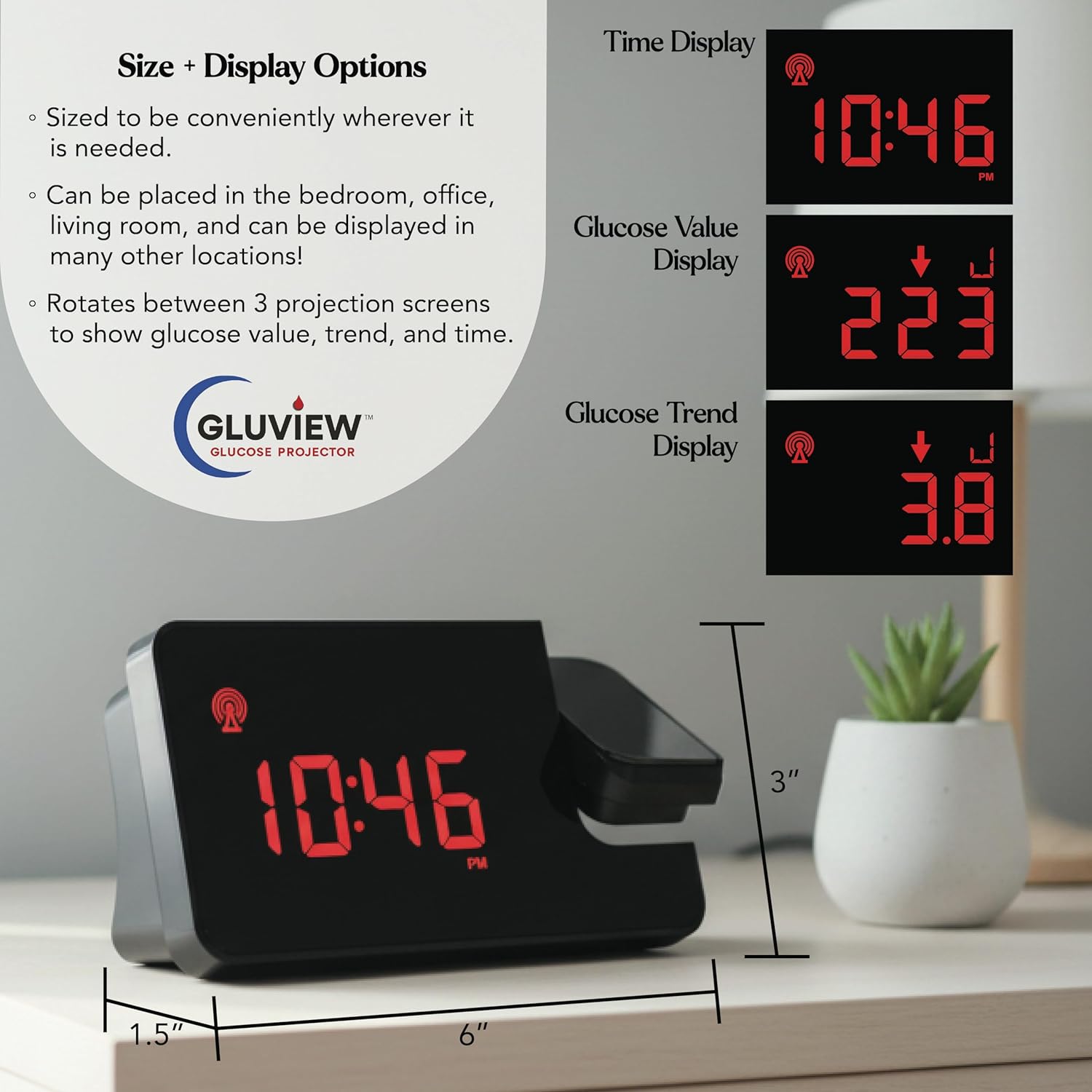 Gluview Glucose Projector Clock for Diabetes | FDA Cleared Continuous Glucose Monitor Display for Dexcom & Libre | Nighttime Glucose Tracking, Sleep-Friendly Display, Real-Time CGM Data Projection