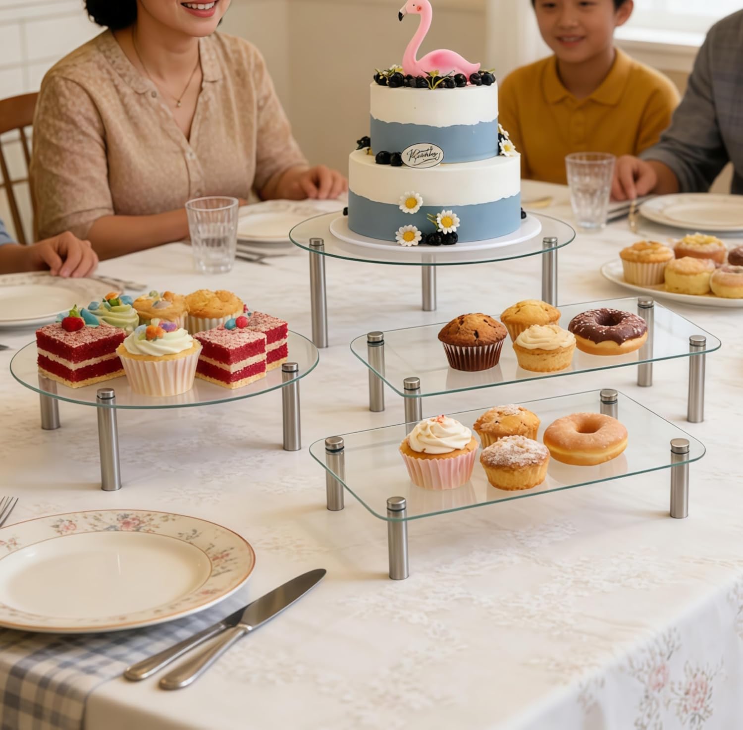 6 Pack Tempered Glass Cake Stands Set 9 11 13 Inch Round & Rectangular Cupcake Stand Dessert Display Riser Serving Platter Plate for Decoration Table Party Wedding Baby Shower