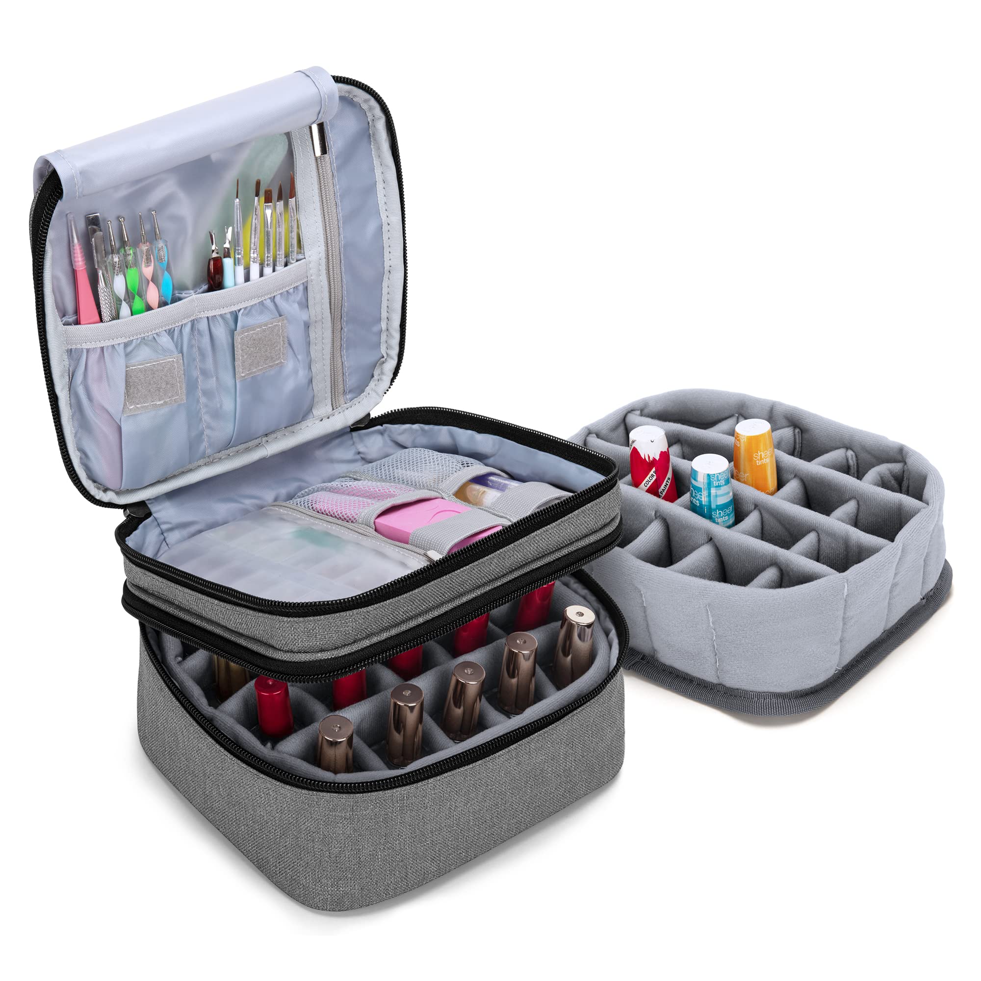 LUXJA Nail Polish Carrying Case - Holds 20 Bottles (15ml - 0.5 fl.oz), Double-layer Organiser for Nail Polish and Manicure Set, Grey