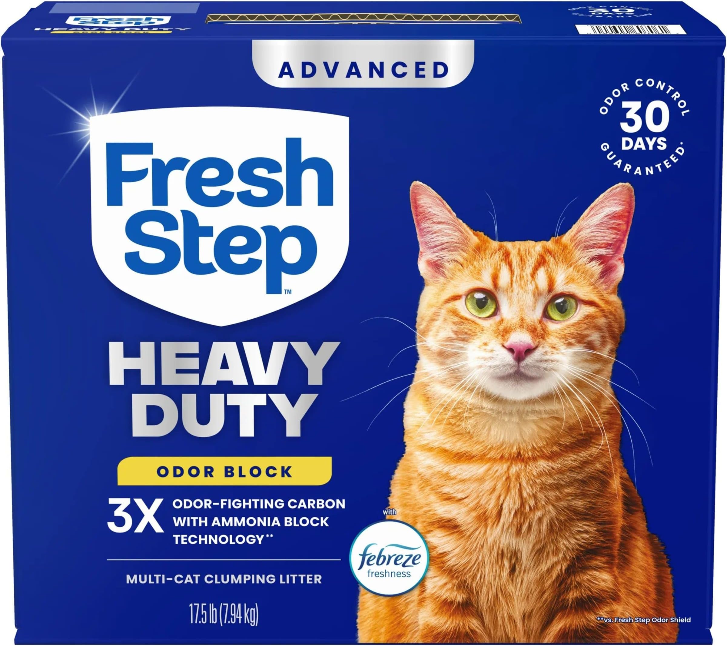 Fresh Step Advanced Heavy Duty Multi Cat Clumping Cat Litter with Febreze Freshness, Low Dust, Odor Control with Ammonia Block Tech, Compatible in Automatic Litter Boxes, 17.5 lb