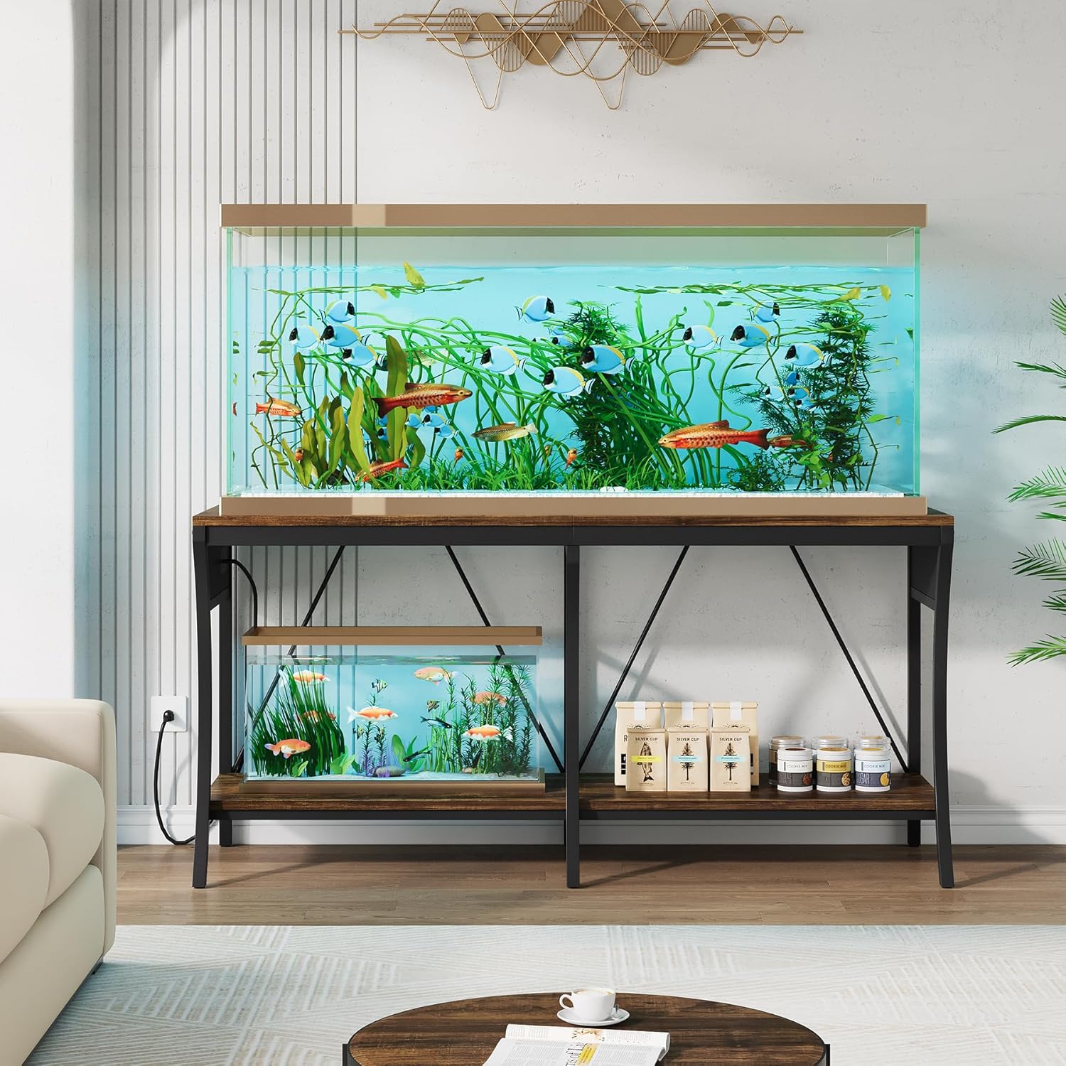 55-90 Gallon Fish Tank Stand with Power Outlets, 2-Tier Aquarium Stand with LED Light Strip & Open Storage Shelves, Heavy Duty Metal Table for Reptile Tank, 1150 LBS Capacity