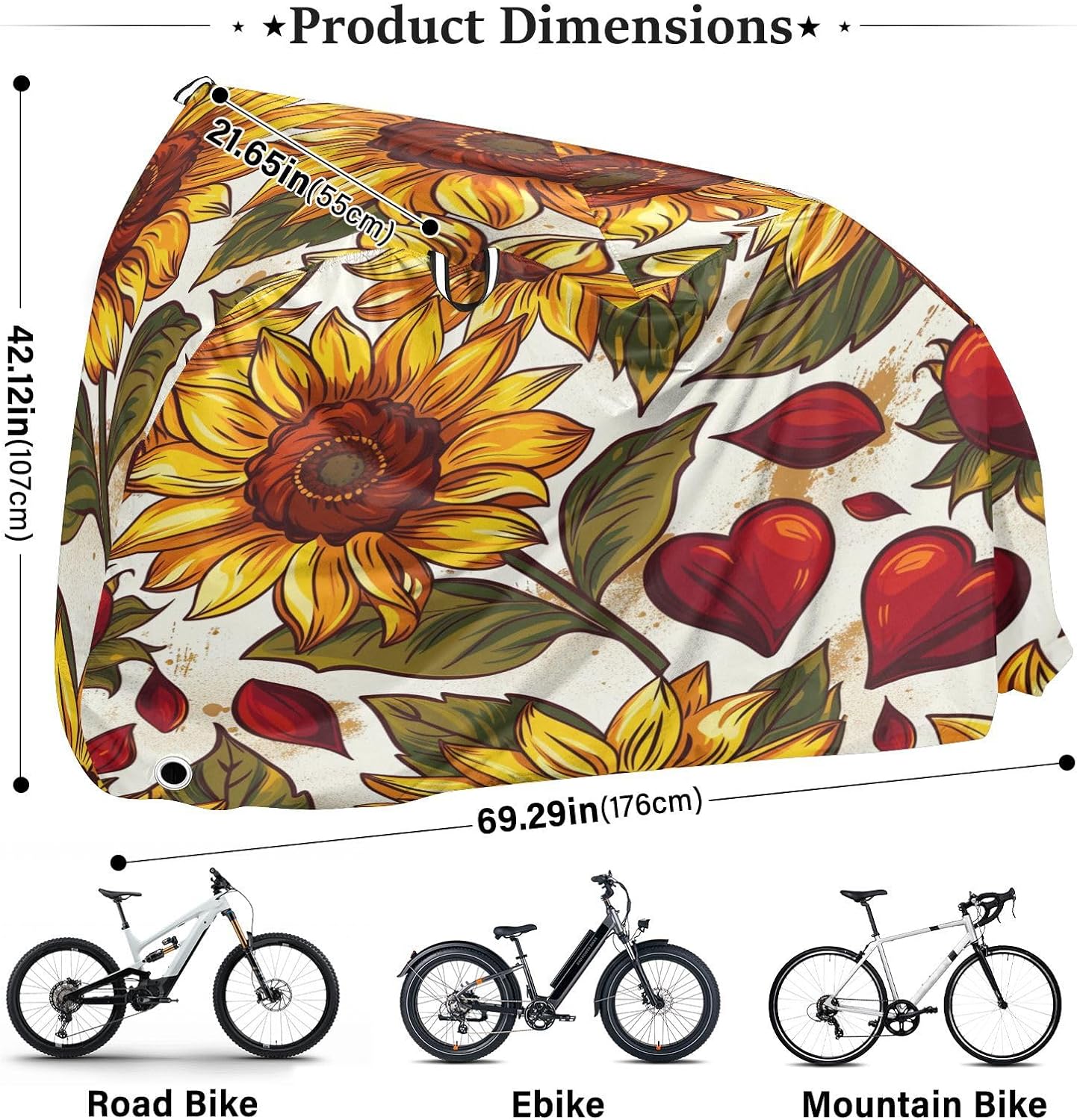 ALAZA Sunflower Red Heart Bike Cover Waterproof Outdoor Ebike Bicycle Covers Tarp Protection for 1/2 Bikes, Sun UV Dust Wind Proof