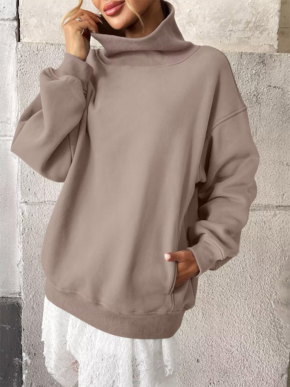 Tomwell Damen Fleece Sweatshirts mit Taschen Oversized Rollkragenpullover