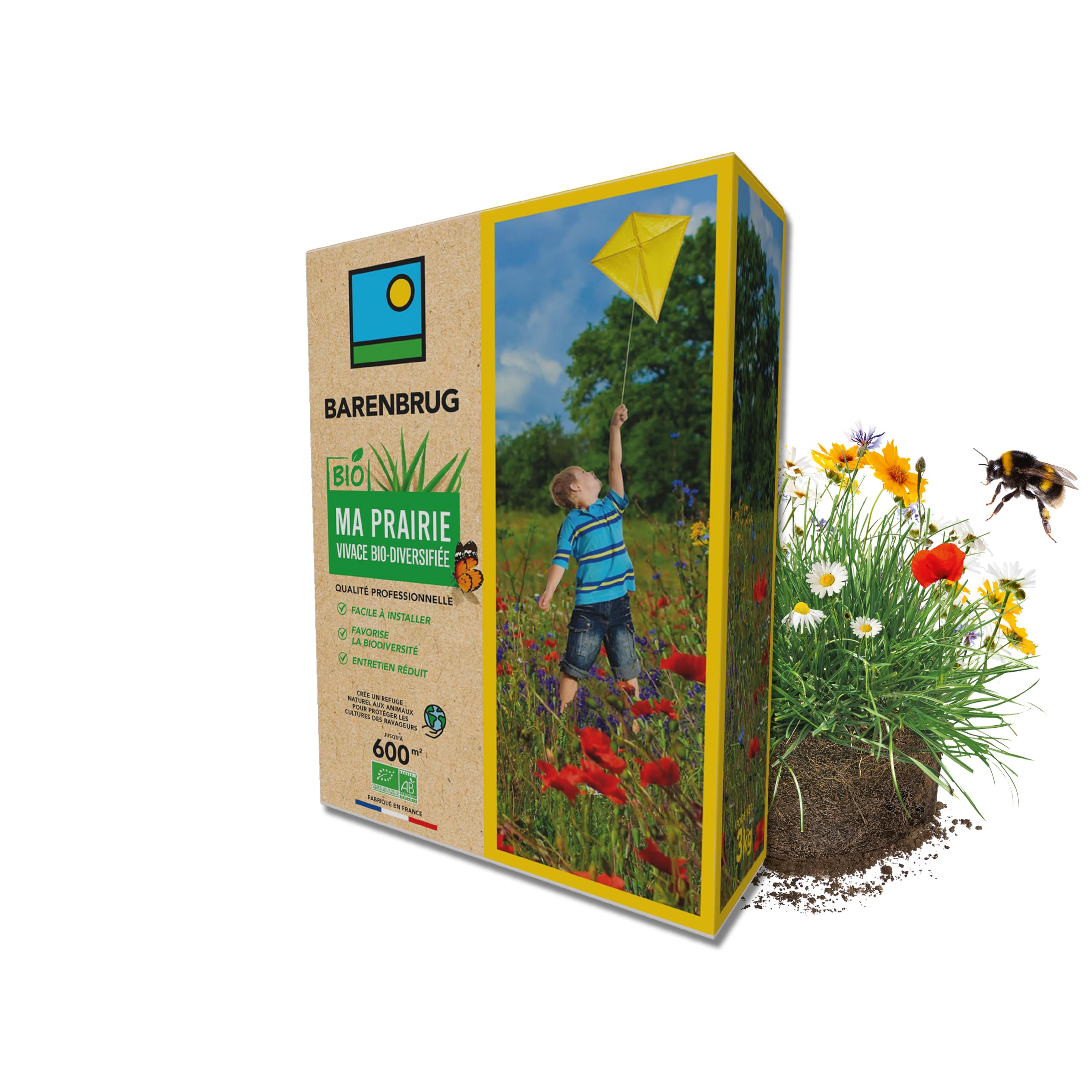BARENBRUG - Prairie Vivace Biodiversifiée BIO - Facile à Installer - 3KG | Favorise la Biodiversité - Peu d'Entretien - Refuge Naturel pour la Faune - Fabriqué en France