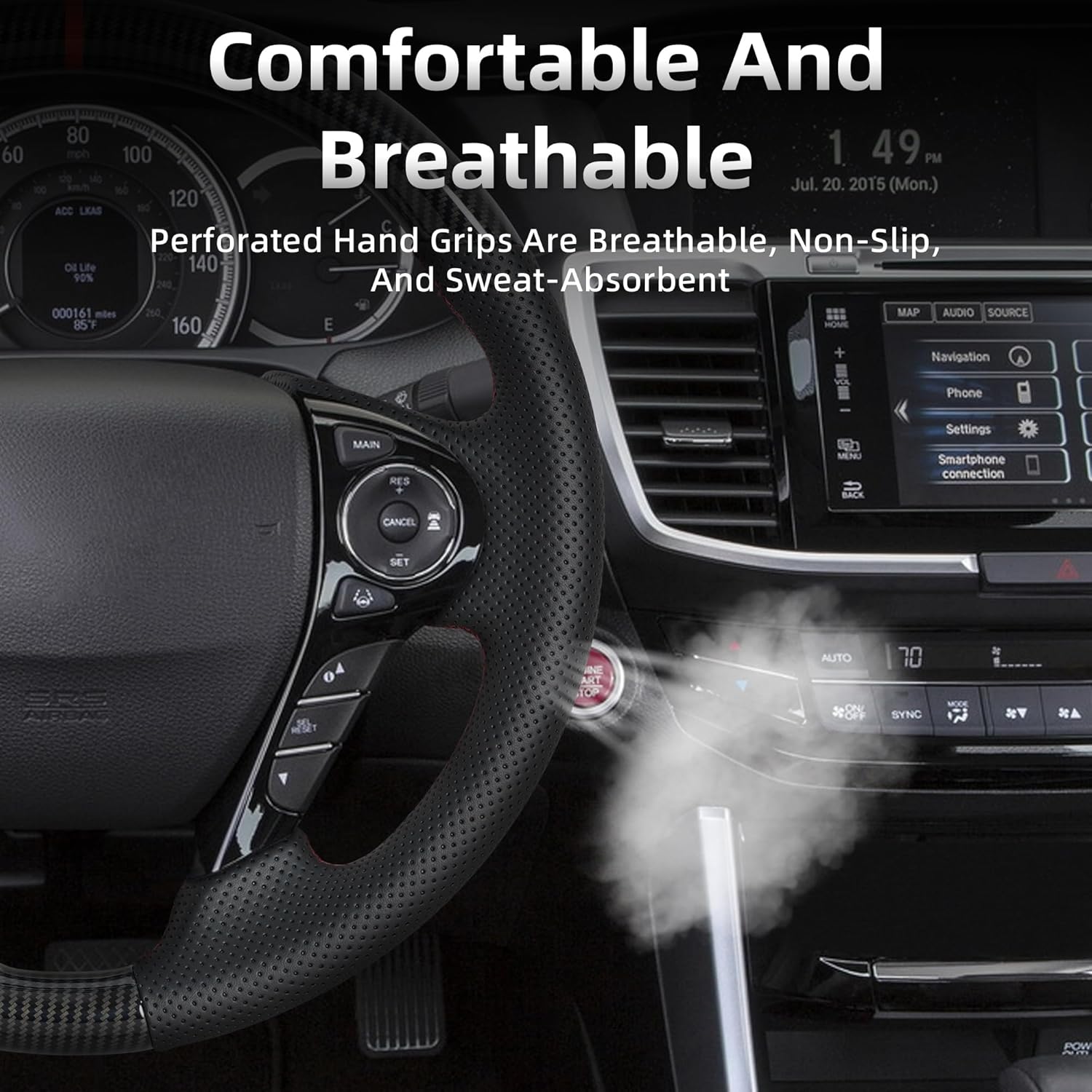 Hydro-Dip Carbon Fiber Steering Wheel for Honda Accord 9TH GEN 2013-2017 Elysion 2014-2021 Odyssey‌ 2014-2021 Round-shaped bottom Nappa Perforated Leather Grip with Anti Slip Groove