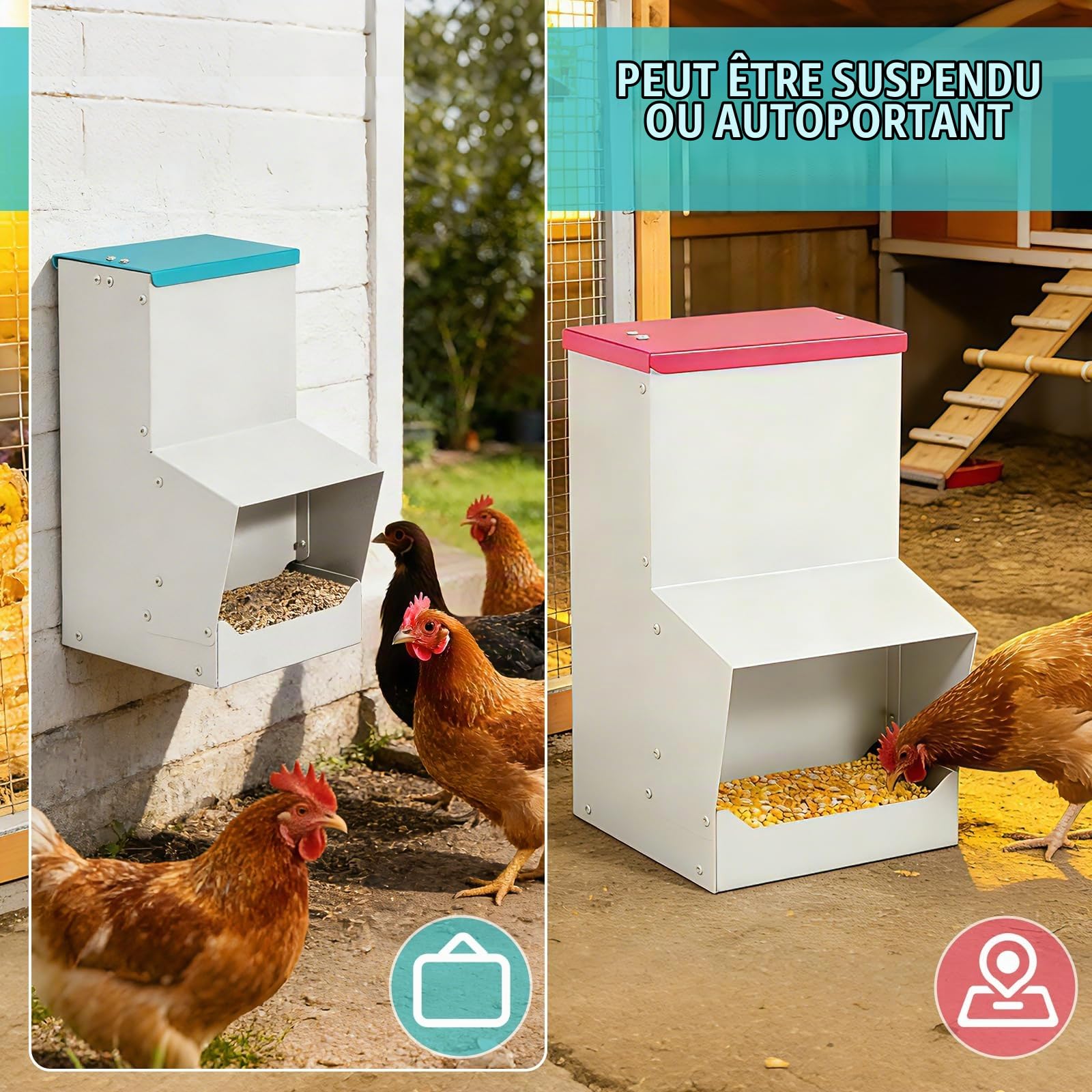 Distributeur De Nourriture pour Poules 10L en Métal, Anti Pluie, Exterieur | Mangeoire Pour Volailles, Bol Alimentaire Suspendable, Solide Et Facile À Nettoyer, Pas Besoin De Montage