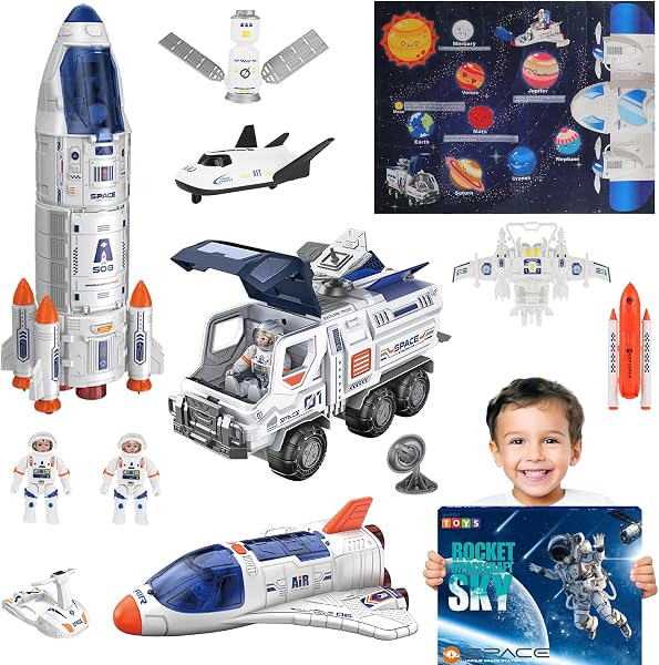 deAO Zabawka prom kosmiczny rakieta z światłem i dźwiękiem, funkcje dymu, 5 w 1 STEM nauka zabawka edukacyjna lampa projekcyjna zabawka kosmiczna, z 4 astronautami, prezent dla 3-9 chłopców i